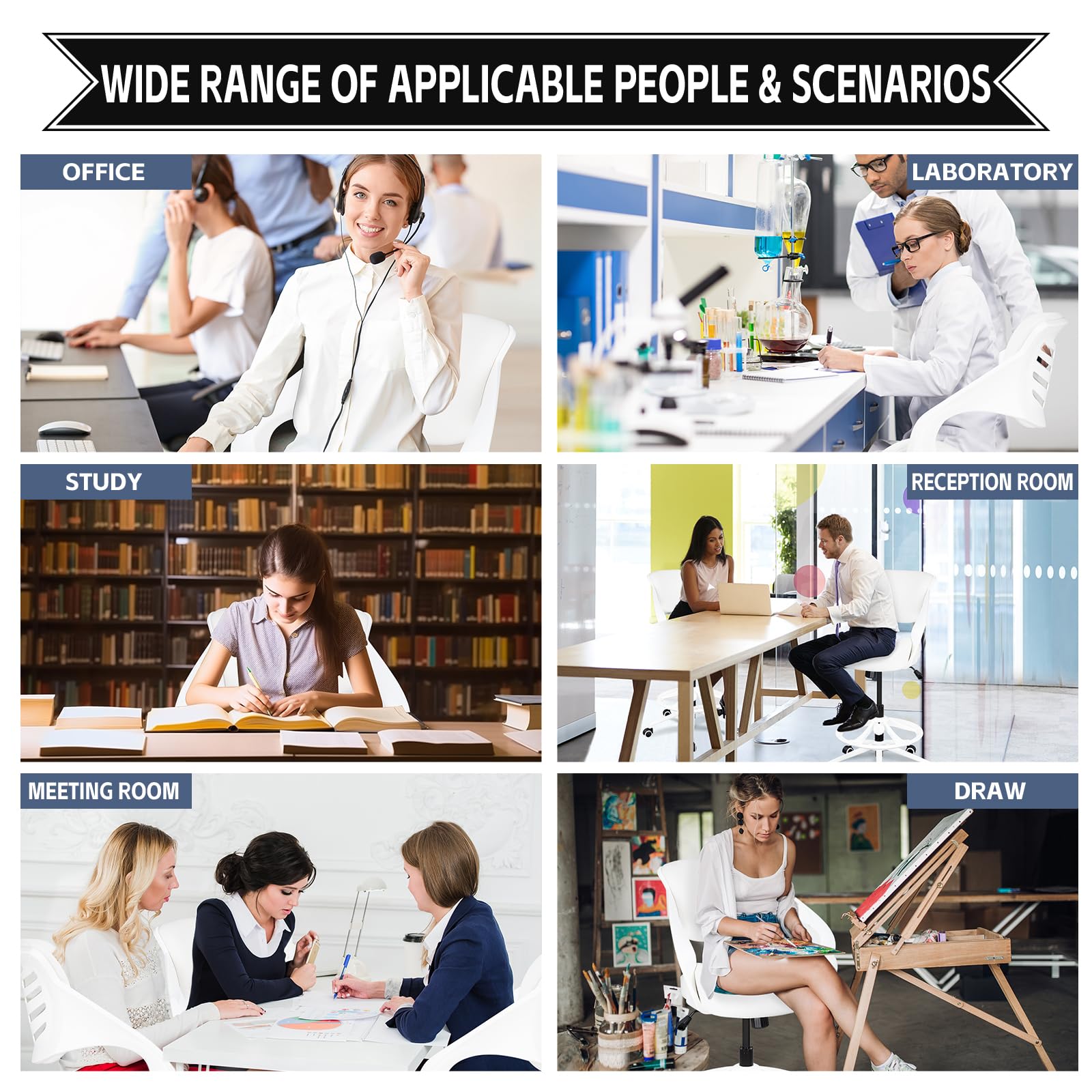 Ergonomic Drafting Chair with Lumbar Support & Foot Ring - Adjustable Swivel Task Chair for Standing Desk - White - Perfect for Office, Home Office & Studio Workspaces