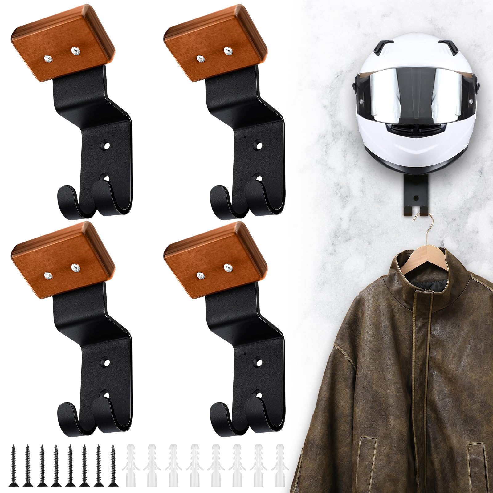 4-Piece Wall Mount Motorcycle Helmet Holder & Gear Hanger Rack with 2 Key Hooks - Heavy Duty Helmet Hook for Football, Police, Cycling & Tactical Gear Storage - Perfect for Garage, Entryway & Closet Organization