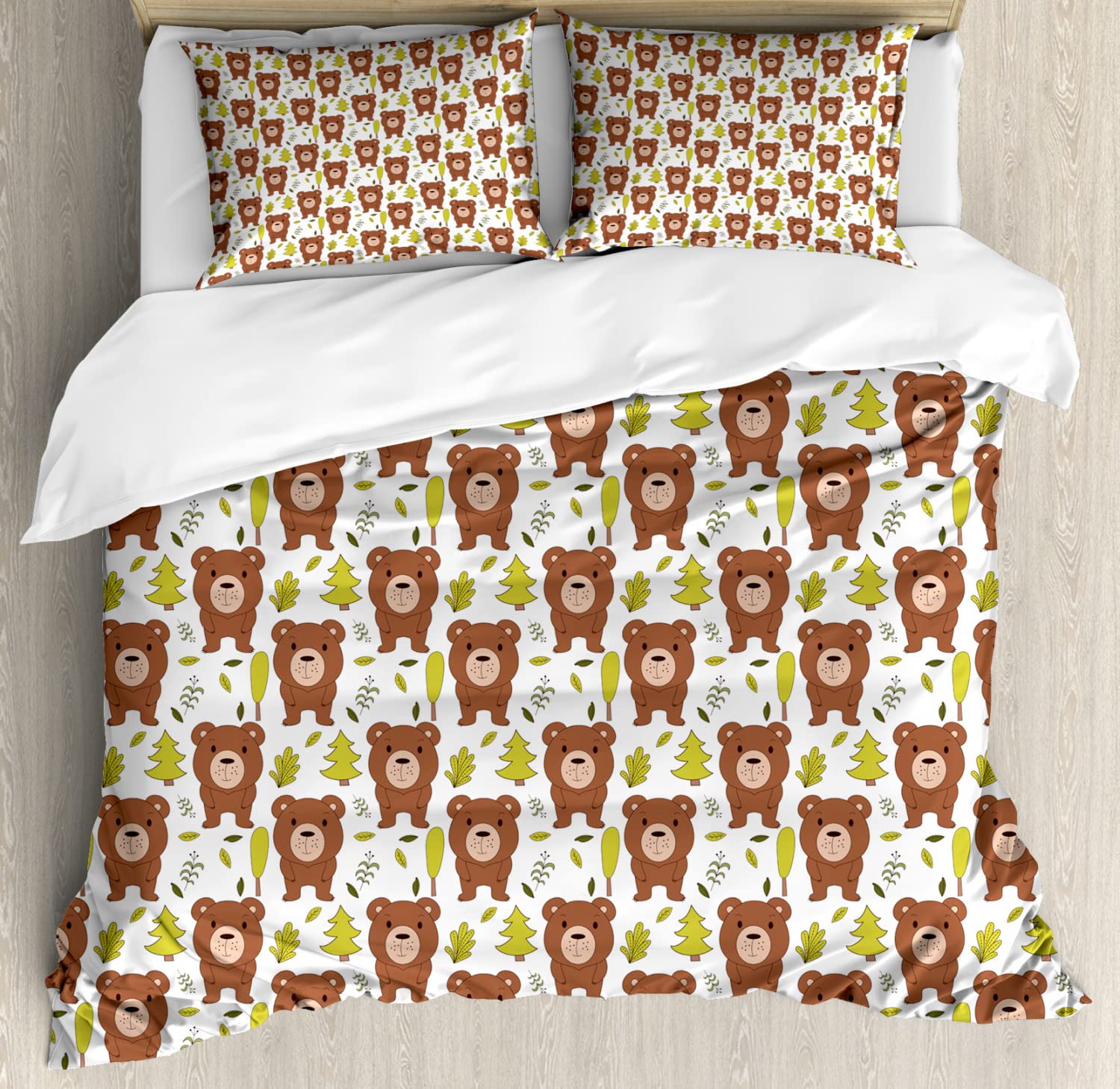 Ambesonne Forest Friends Duvet Cover Set - Bear & Leaves Pattern Bedding Set with 2 Duvet Covers & 4 Pillowcases, 2-Pack King Size in Redwood Yellow Green | Cozy Wildlife Themed Bedroom Decor for Cabin, Lodge & Nature Lover's Home