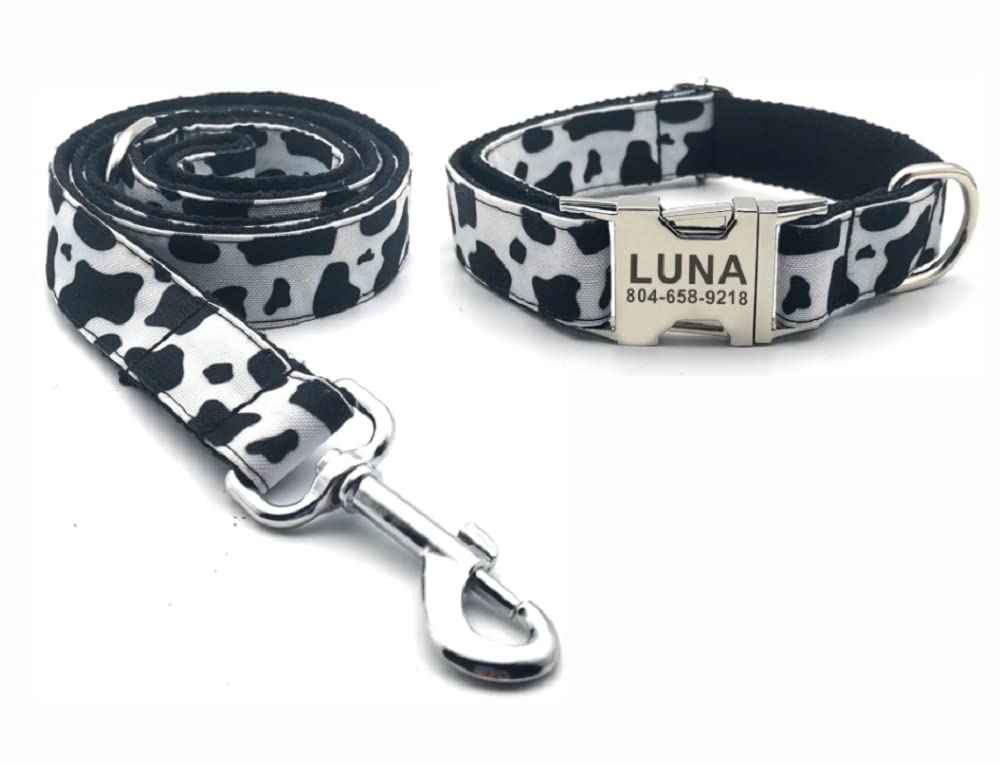 Custom Cow Print Pet Collar with ID Tag - Adjustable Dog Collar & Leash Set for Puppies & Cats (Black & White, Medium) - Perfect for Daily Walks, Pet Safety & Fashion Accessories