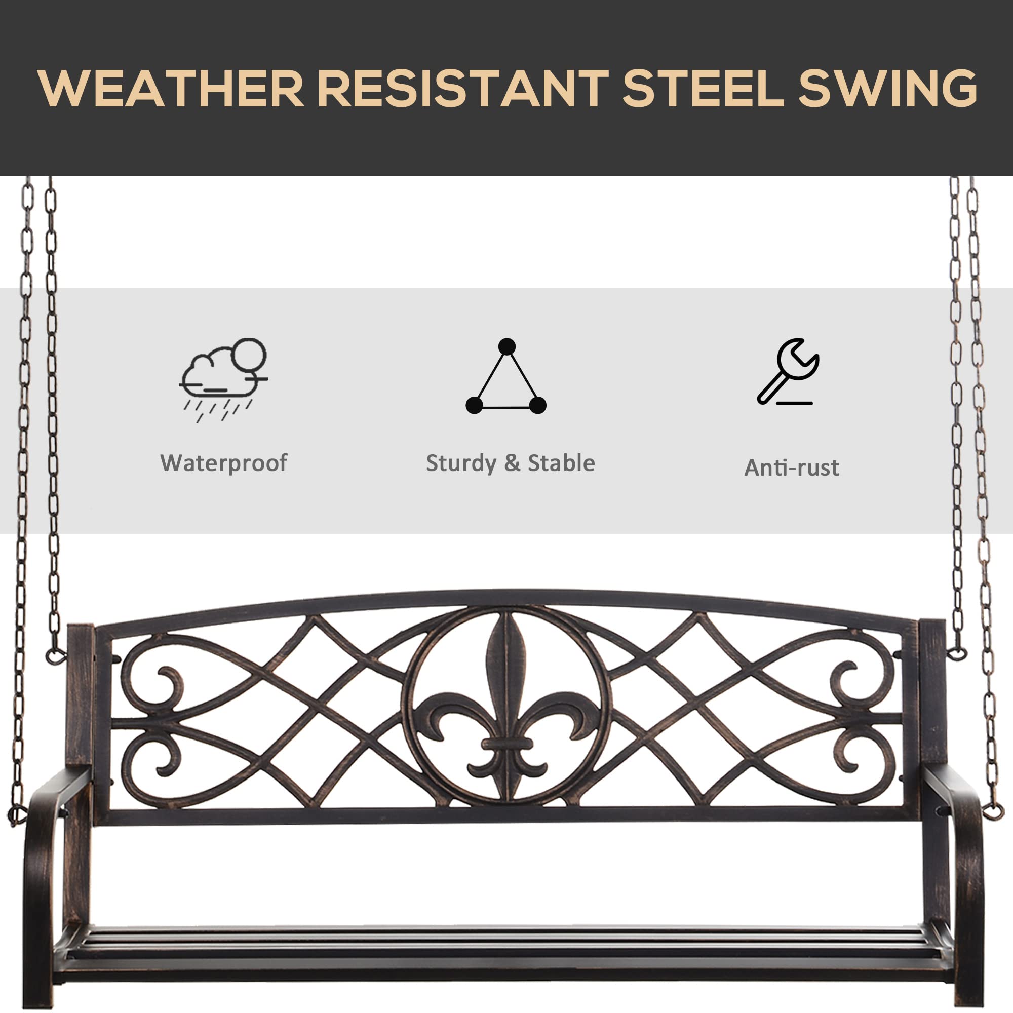 Outsunny 2-Person Steel Hanging Porch Swing with Fleur-de-Lis Design - 528 lbs Weight Capacity, Bronze Patio Swing Bench for Outdoor Garden, Deck & Backyard Relaxation