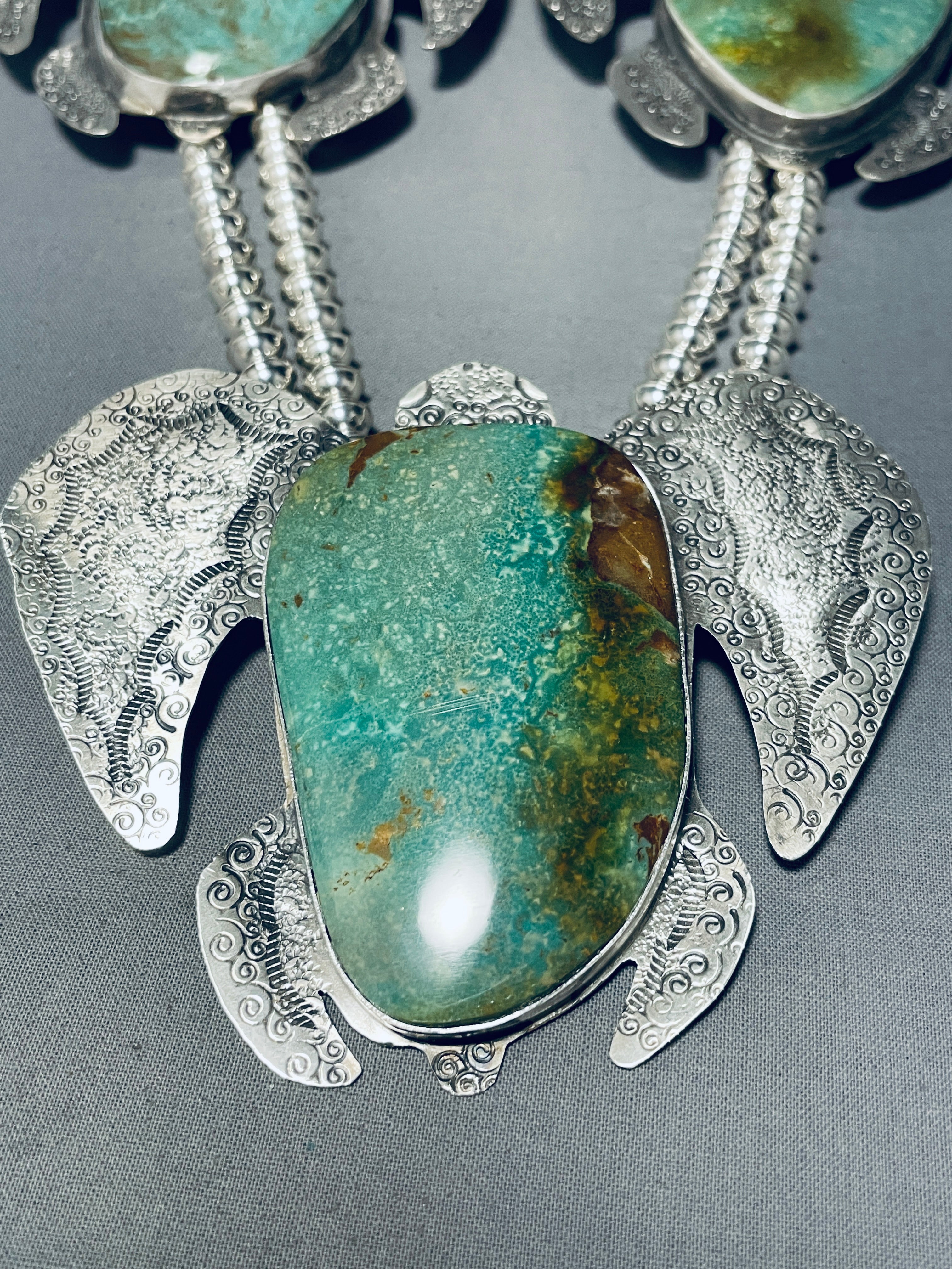 270 Grams Sterling Silver Native American Navajo Turquoise Squash Blossom Necklace - Handcrafted Jewelry for Women, Boho Chic Accessory for Weddings & Special Occasions