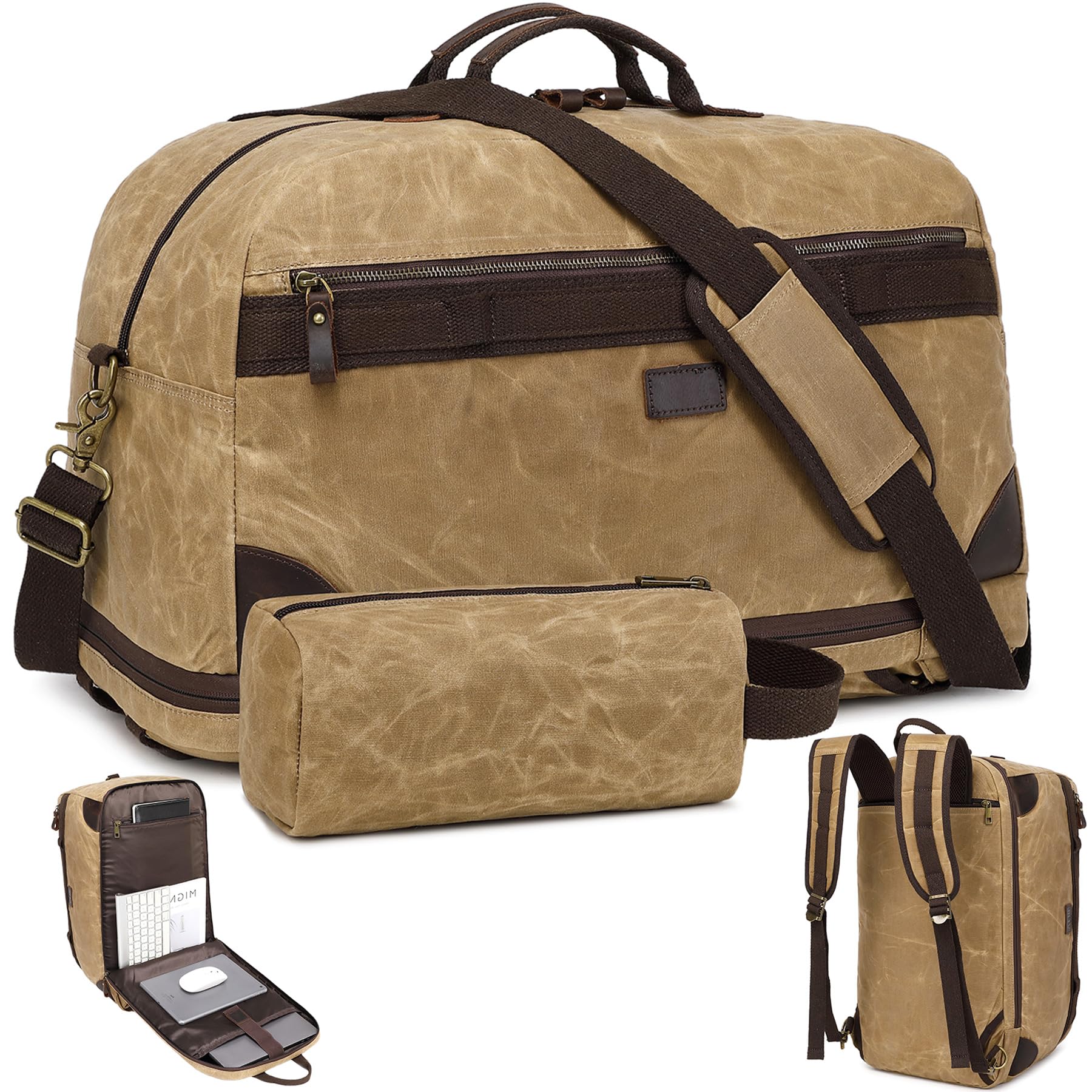 Vintage Waxed Canvas Duffle Bag for Travel - Convertible Weekender Overnight Bag with Laptop Compartment, 3-in-1 Computer Backpack for Men | Perfect for Business Trips, Gym & Weekend Getaways (Khaki)