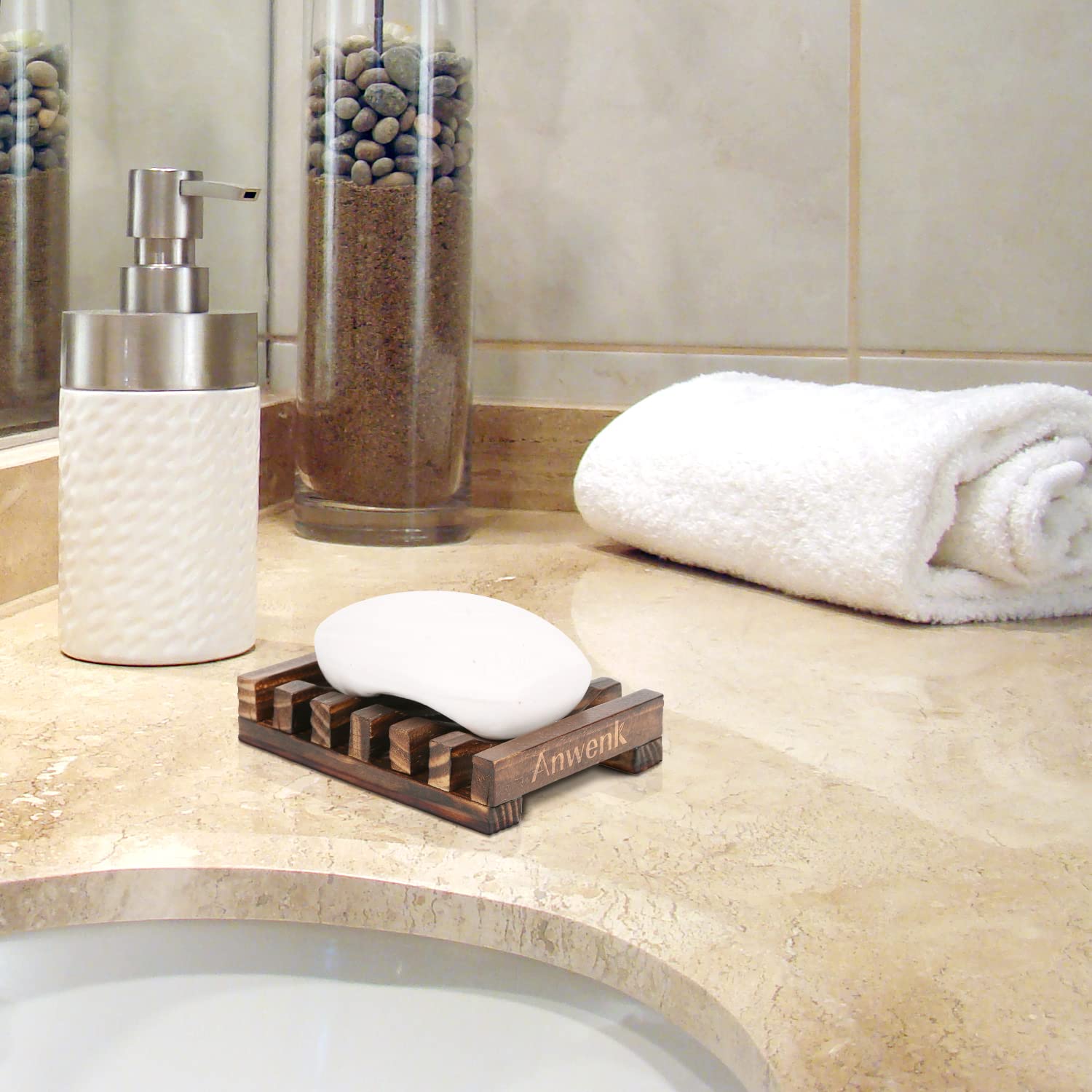Anwenk Wooden Soap Dish - Handcrafted Soap Holder & Saver Tray for Bathroom, Shower, and Sink - Natural Drainer for Soaps, Sponges, and Beauty Accessories (1 Pack) - Perfect for Spa, Vanity, and Guest Bathroom Organization