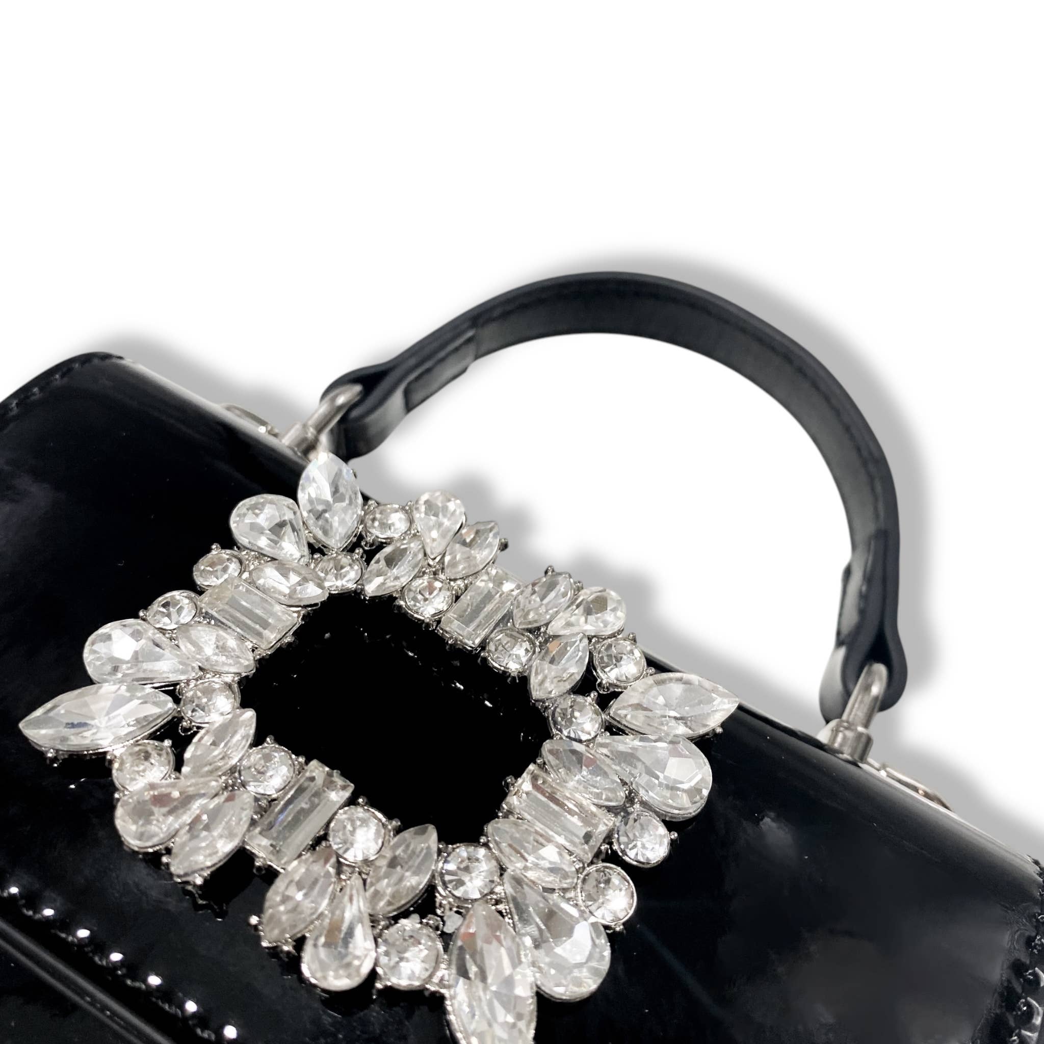 Sparkly Rhinestone Embellished Patent Leather Clutch Purse - Black Evening Bag for Women, Perfect for Parties, Weddings & Special Occasions