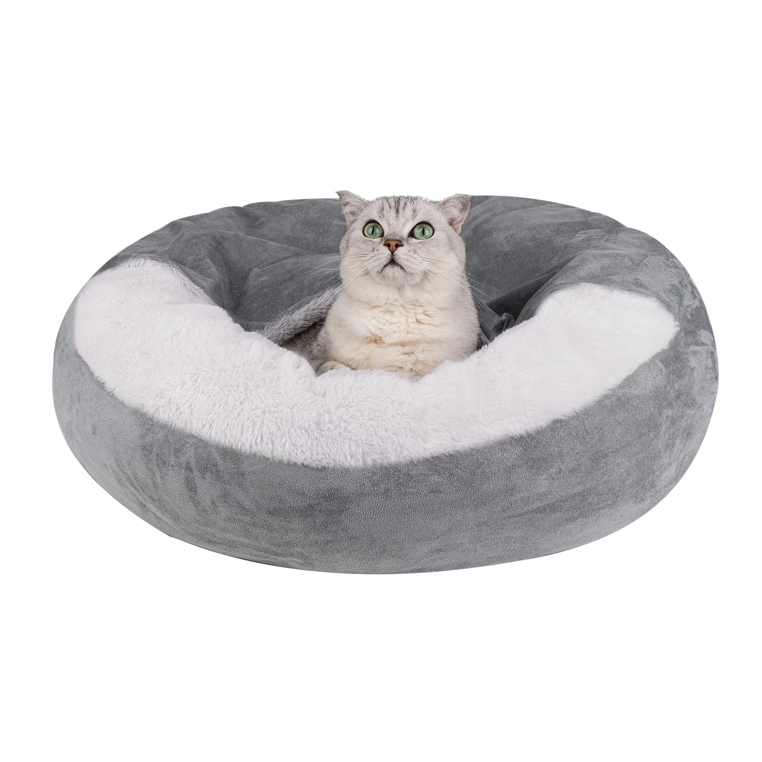 MICOOYO Small Dog Bed with Hooded Blanket - 24 Inch Round Donut Cuddler Pet Bed for Puppies & Cats | Washable Grey Cover | Perfect for Indoor Lounging & Cozy Napping