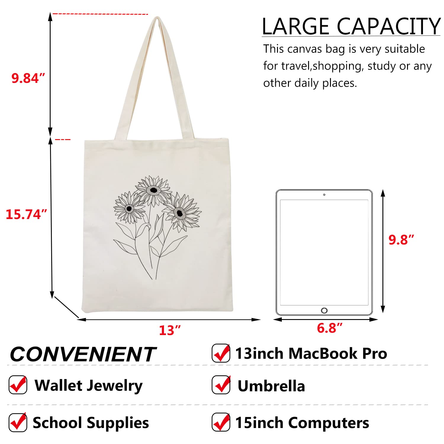 Floral Canvas Tote Bag for Women - Reusable Grocery Shopping Bag with Botanical Print & Cute Cat Design - Perfect for Teachers, Beach Trips & Farmers Market