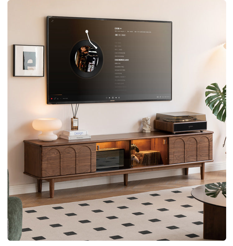 Solid Black Walnut Wood Retro TV Stand with Large Storage | Vintage Entertainment Center for Living Room & Home Theater