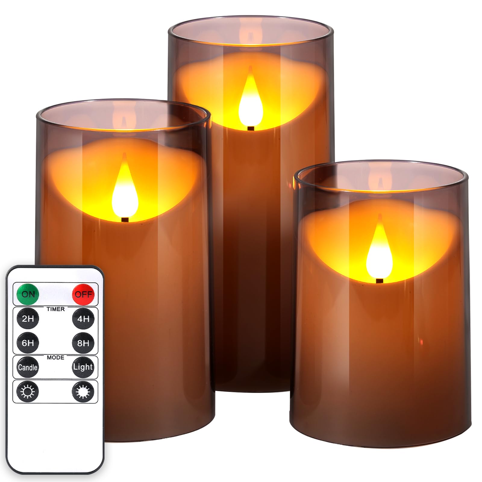 NURADA Flameless LED Candles with Remote & Timer - 3D Wick Battery Operated Unbreakable Acrylic Pillar Candles Set (3-Pack, Grey) for Home Decor, Wedding, Romantic Dinner & Holiday Ambiance Lighting