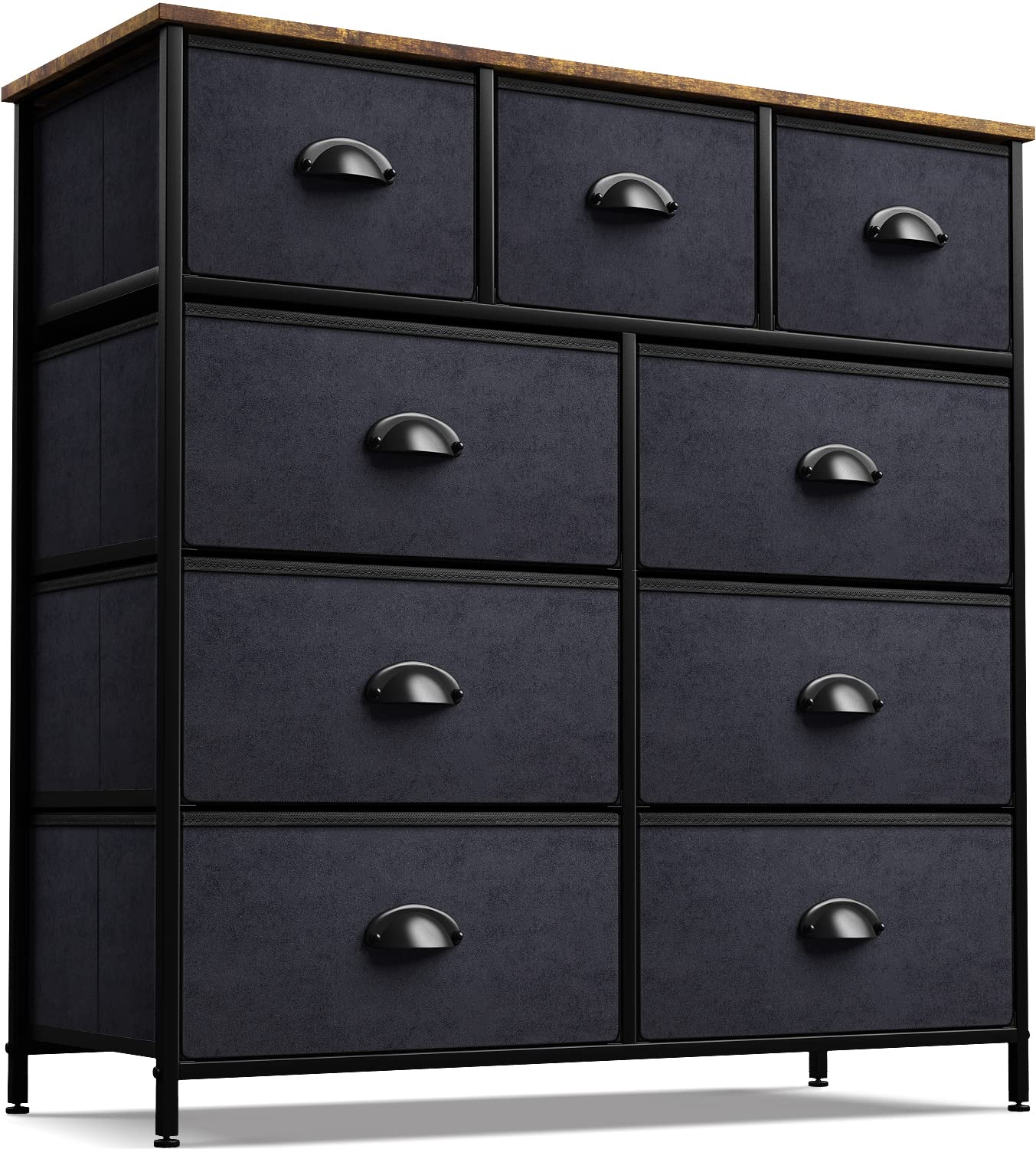 Sorbus 9-Drawer Dresser Storage Chest Tower - Steel Frame, Wood Top & Fabric Bins for Bedroom, Hallway, Closet & Office Organization (Black/Wood) | Perfect for Small Space Storage & Home Organization