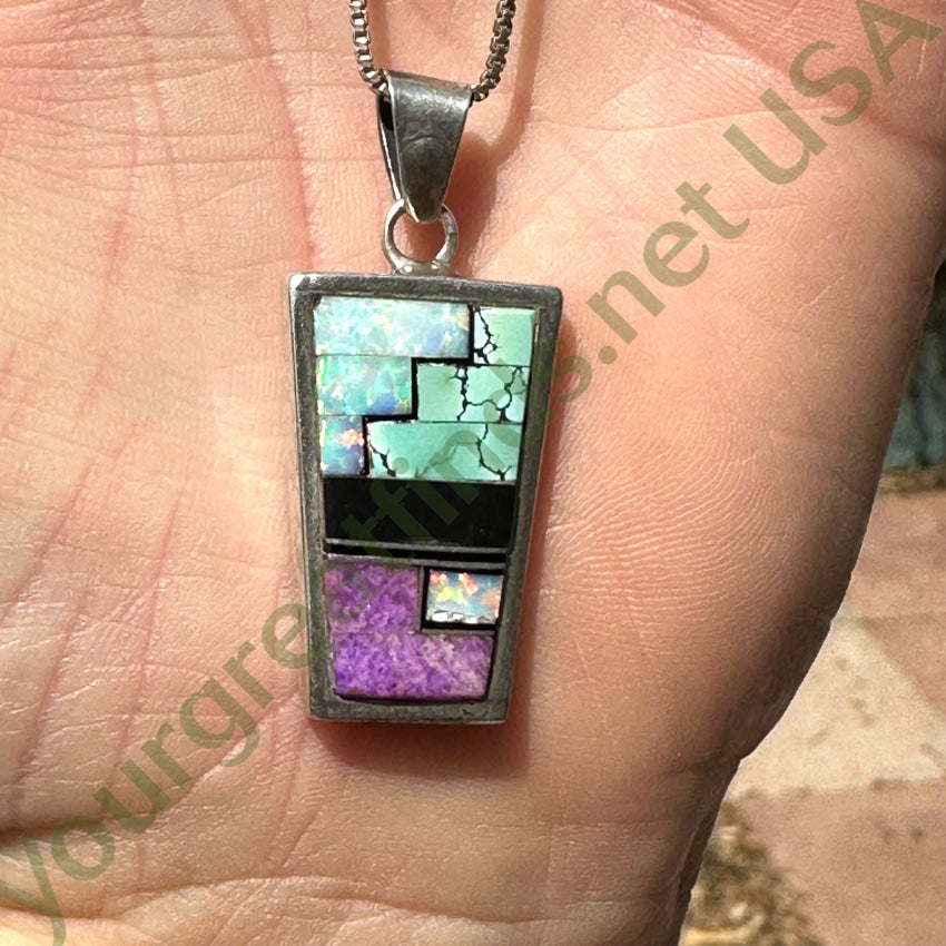 Southwestern Sterling Silver Double Sided Channel Inlay Necklace - Handcrafted Jewelry for Women, Boho Chic Style, Perfect for Casual Wear & Special Occasions