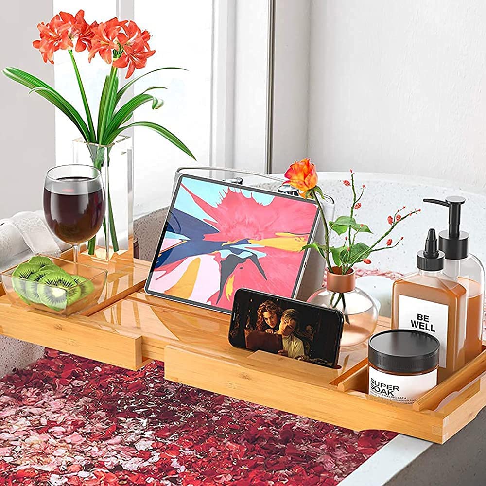 **Retractable Bathtub Caddy Tray - Durable Non-Slip Bath Storage Organizer with Wine Glass Holder, Book Stand & Dish Rack | Perfect for Relaxing Baths, Spa Nights & Reading Time**