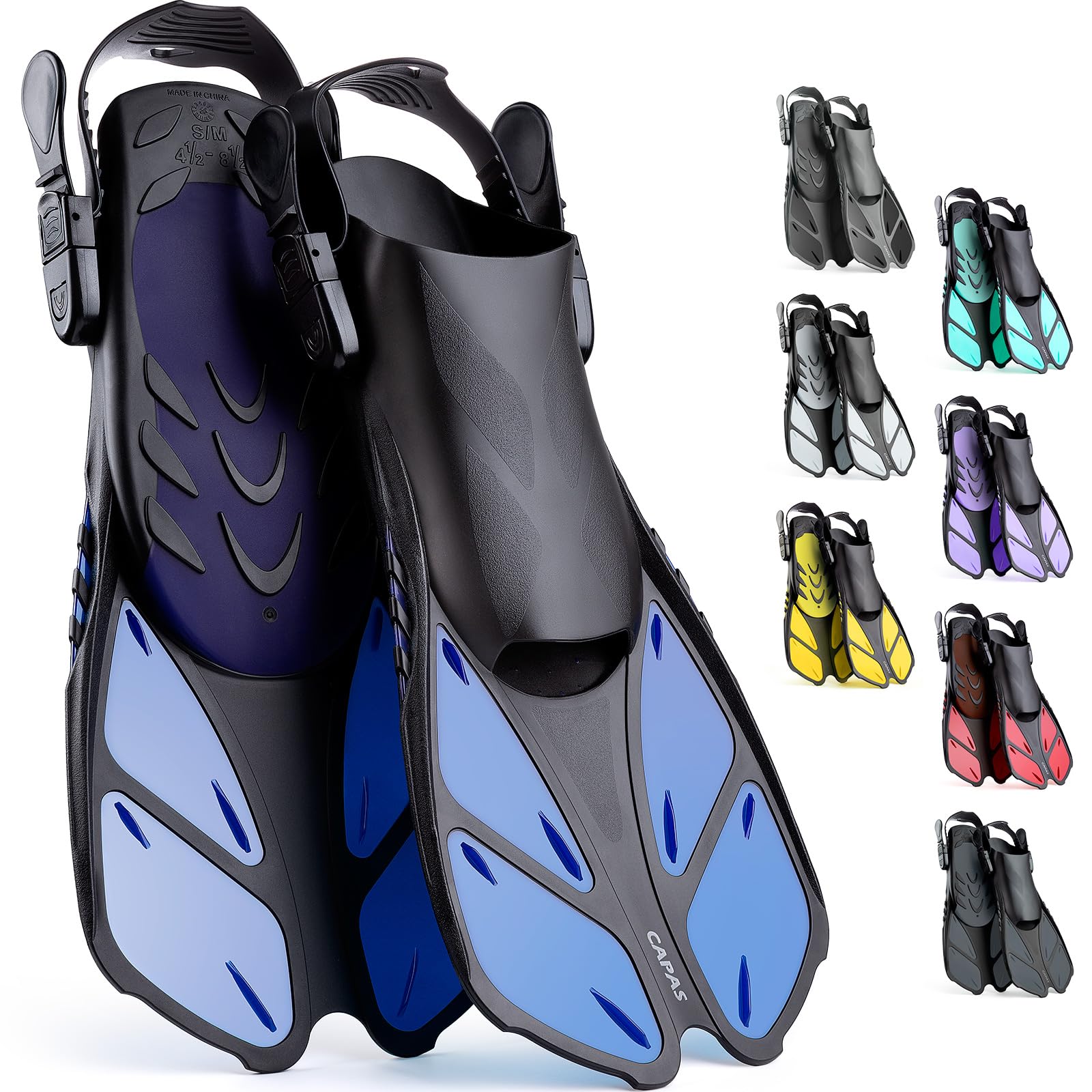 **CAPAS Snorkel Fins - Adjustable Travel Size Swim Fins for Adults, Men, Women & Kids - Open Heel Diving Flippers for Snorkeling, Swimming & Beach Vacations**