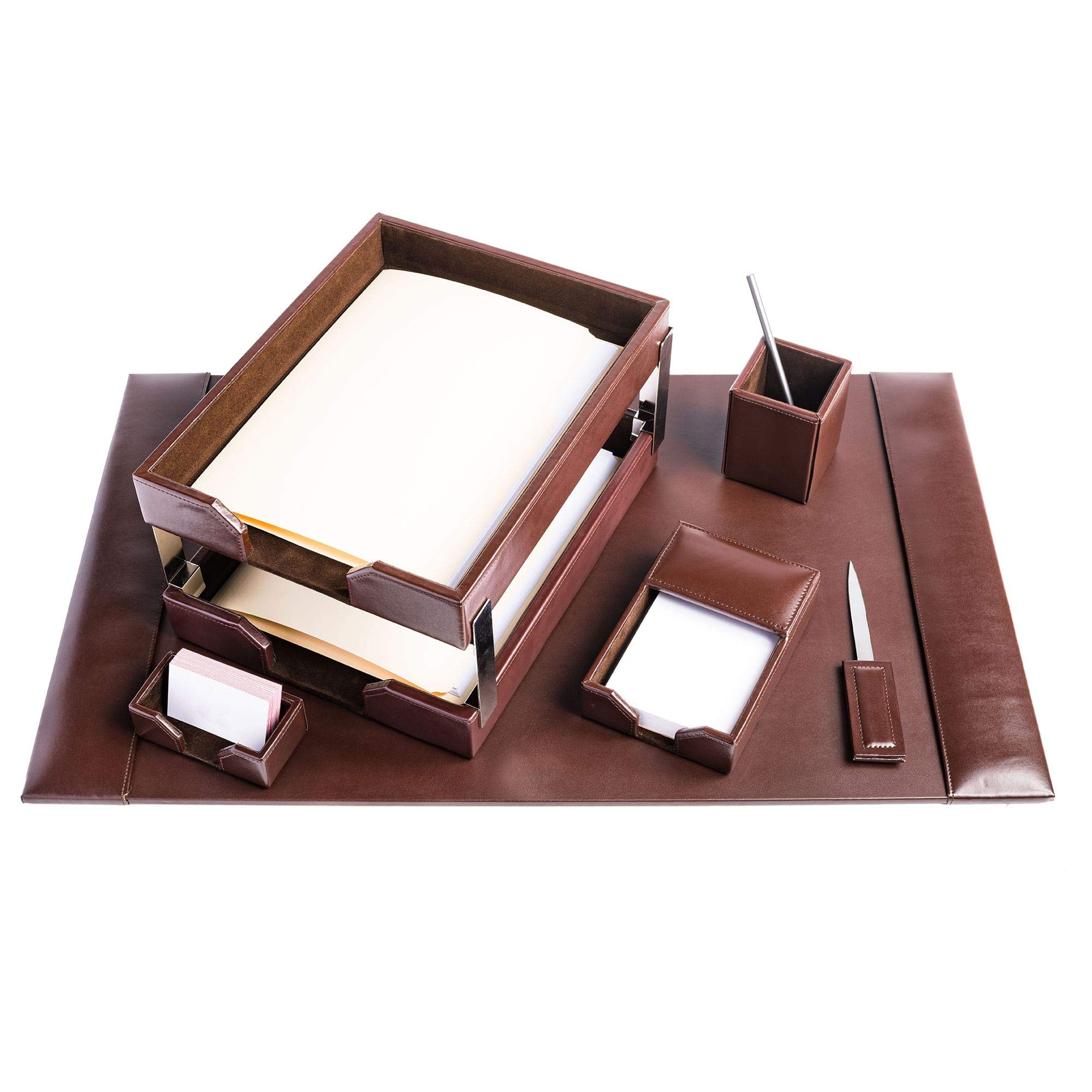 Premium Dacasso Bonded Leather Desk Set - Luxury Leather Desk Pad & Office Organizer - Executive Desk Decor for Professionals - Dark Brown 8-Piece Set - Perfect for Home Office, Corporate Gifts & Workspace Organization