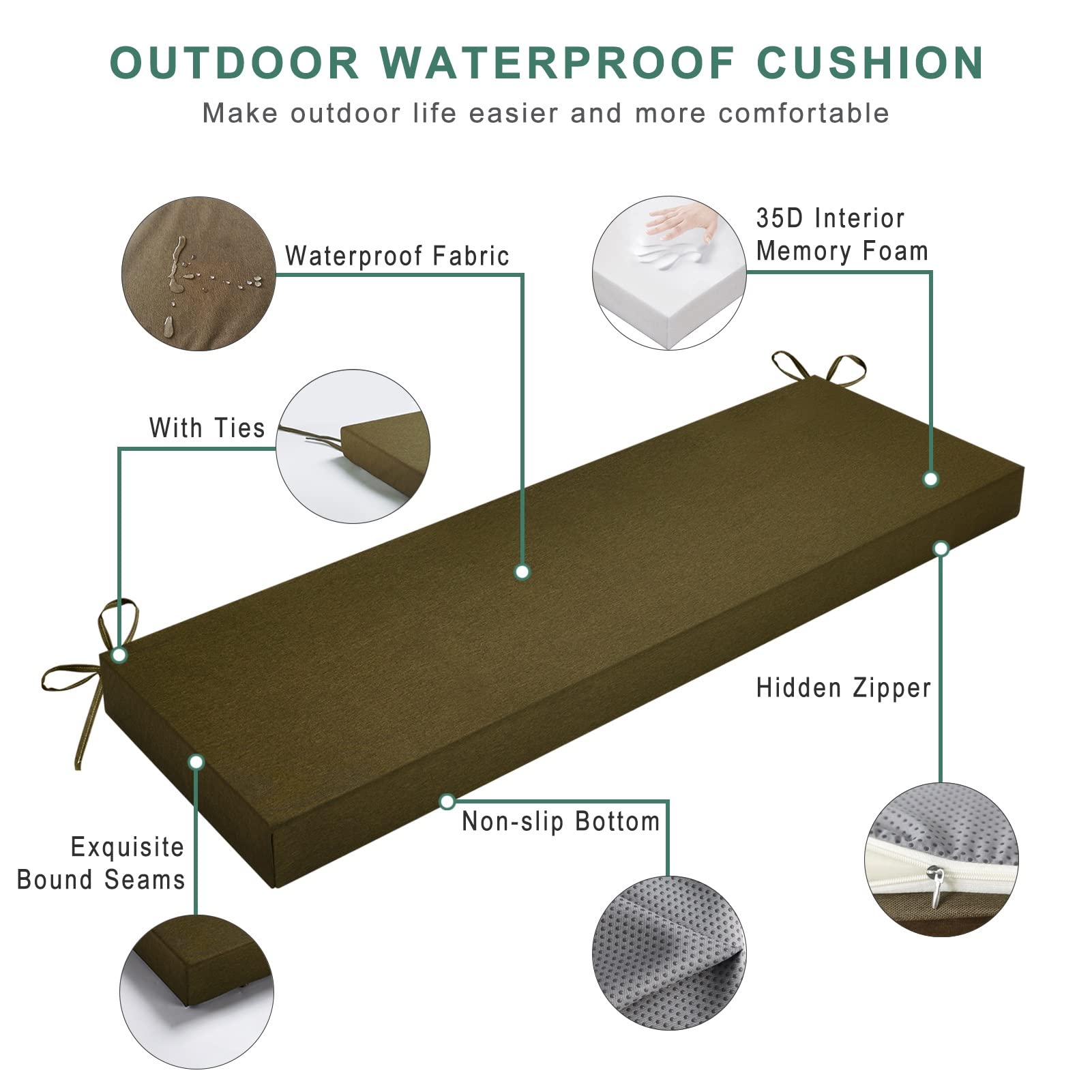 Premium Waterproof Outdoor Bench Cushion - Non-Slip Patio Furniture Cushion for Swing, Window Seat & Indoor Use - 15.7