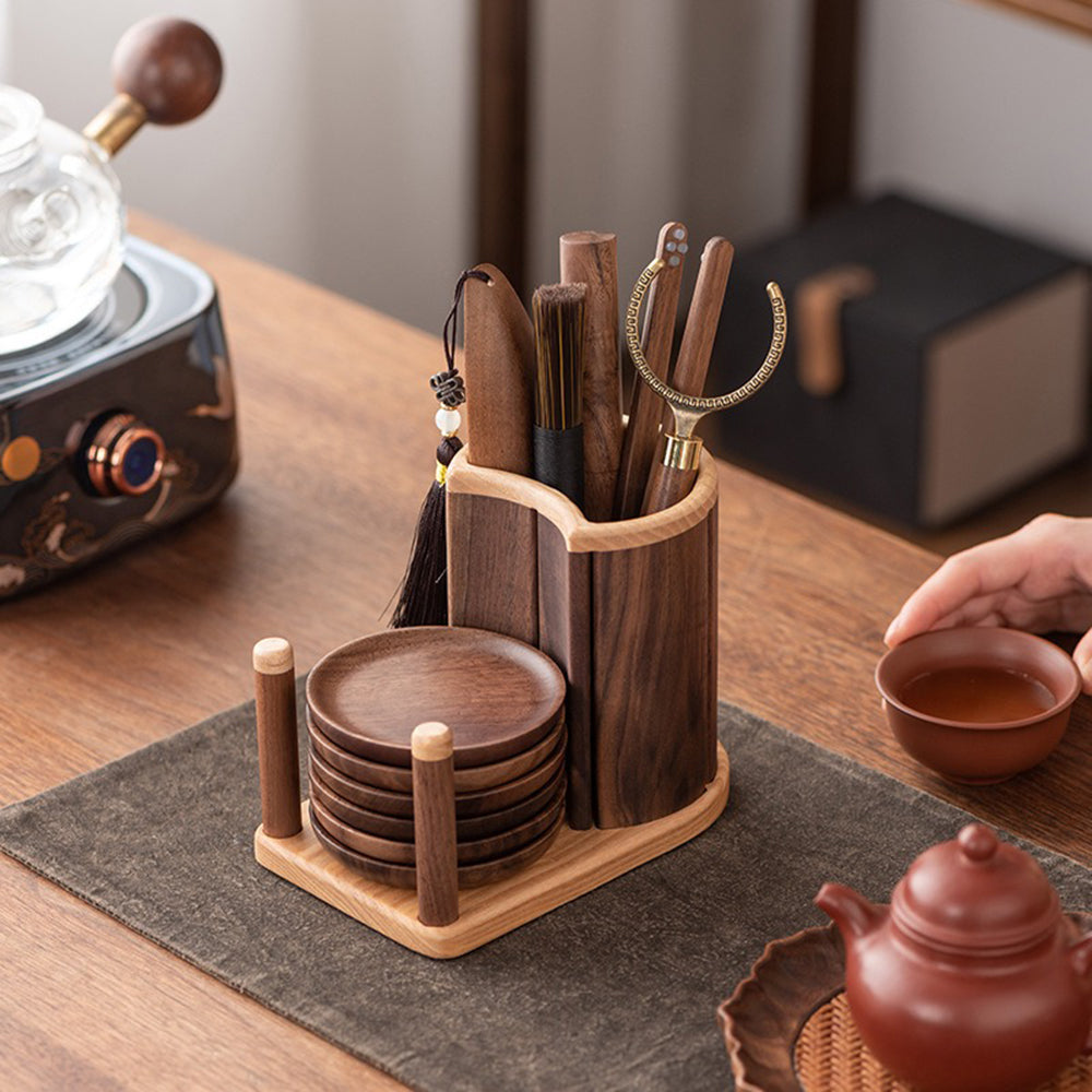 Premium Walnut Wood Tea Set with Coaster - Handcrafted Tea Utensils for Loose Leaf & Herbal Tea - Perfect for Home, Office & Tea Ceremonies