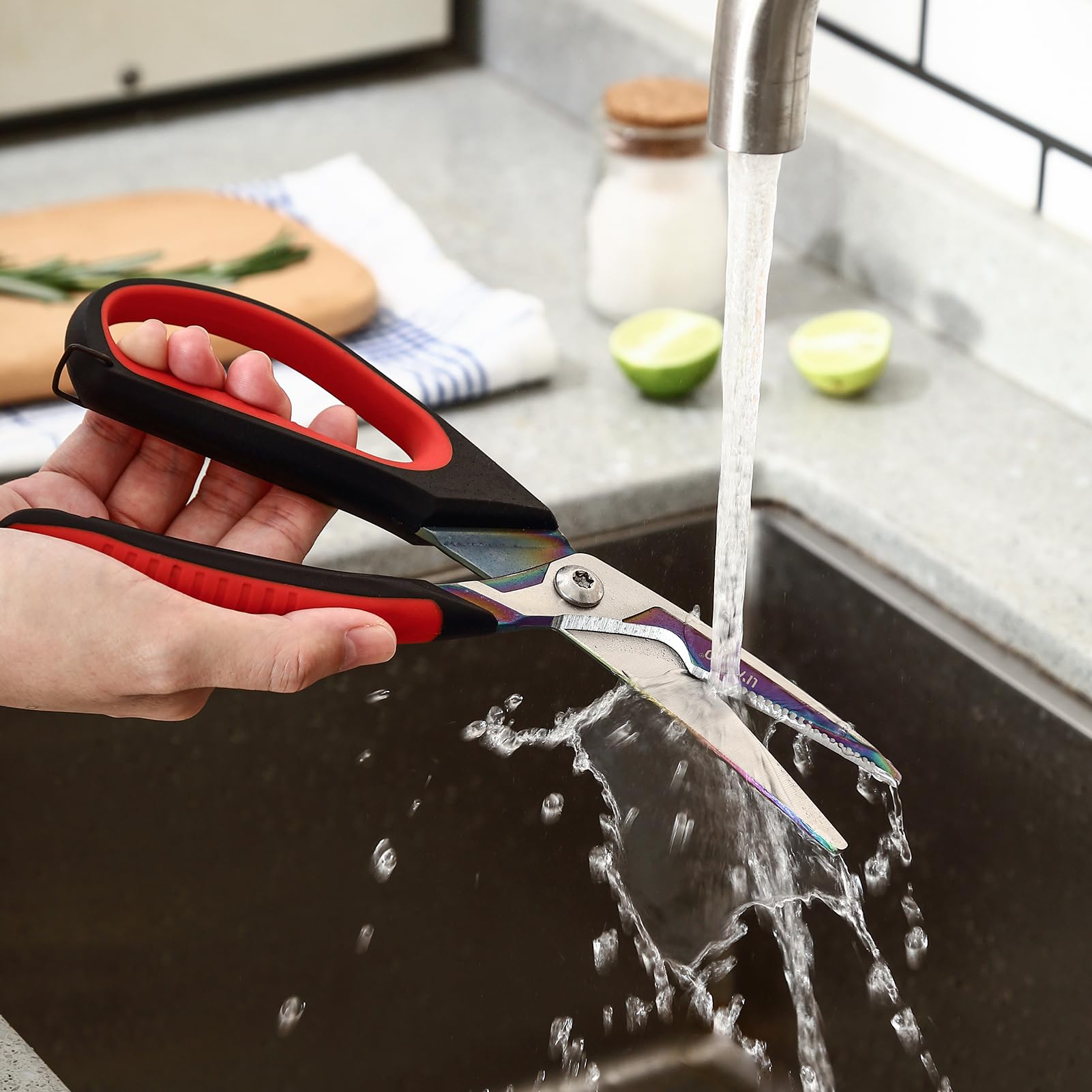 LIVINGO Heavy Duty Kitchen Scissors - Titanium Coated Sharp Poultry Shears for Cutting Chicken Bones, Meat, Vegetables | Multipurpose Food Scissors with Comfortable Grip & Safety Lock (9.5 Inch) | Perfect for Meal Prep, Butchering, and Home Cooking