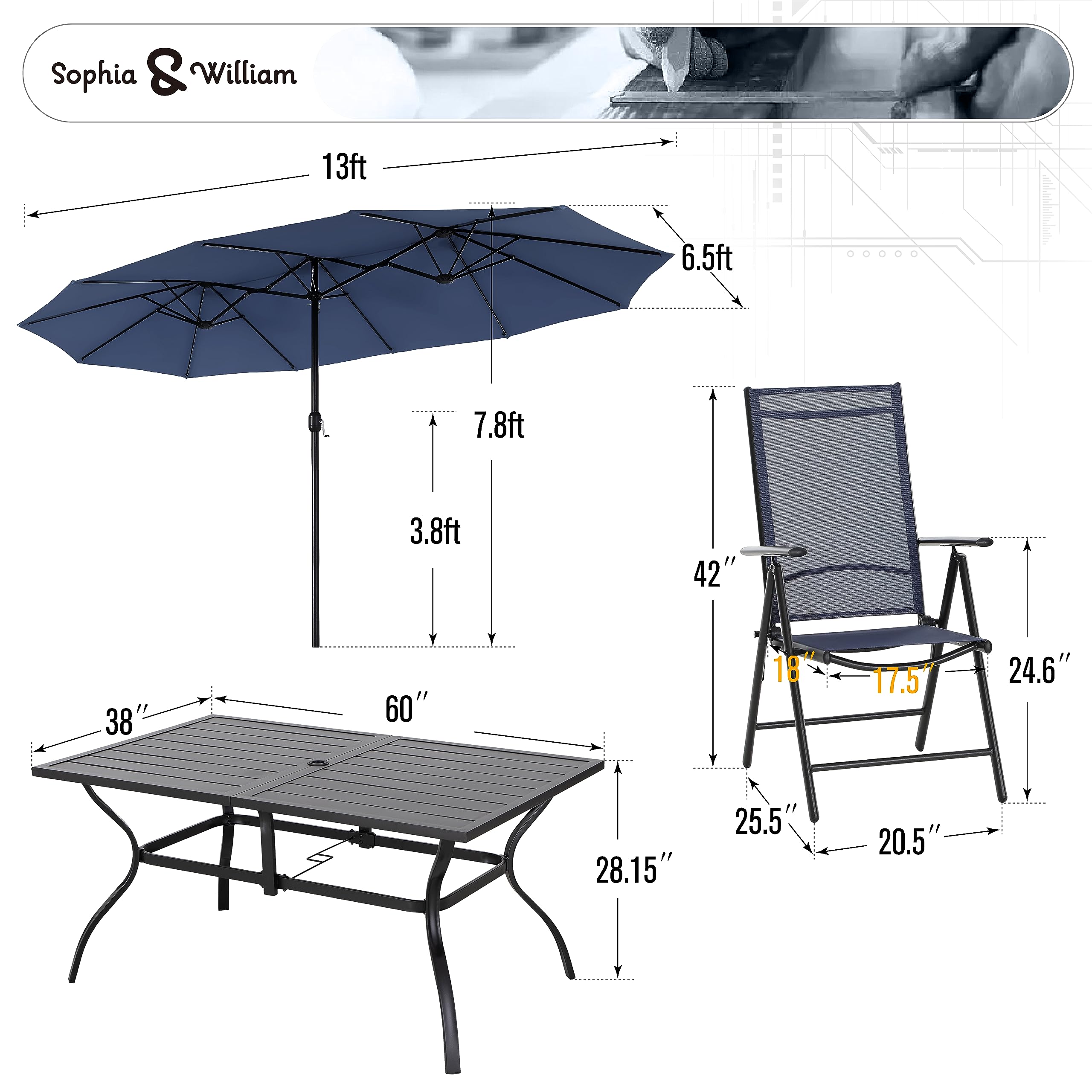 Sophia & William 7-Piece Outdoor Dining Set with 13ft Red Umbrella - Folding Patio Chairs for 6, Durable Rectangular Metal Table & Comfortable Sling Chairs in Blue - Perfect for Backyard BBQs, Poolside Gatherings & Garden Parties