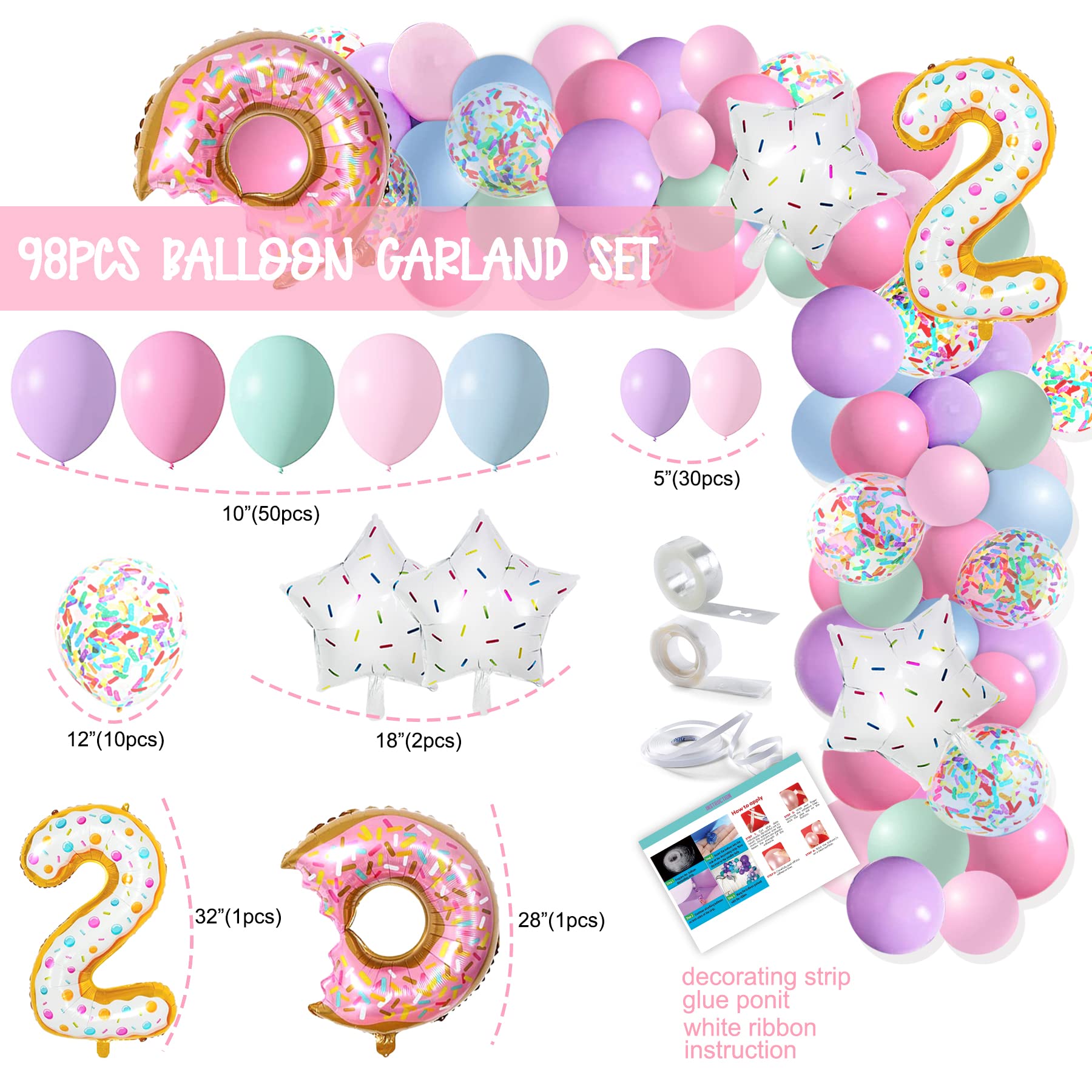 2nd Birthday Party Decorations for Girls - Donut Theme Banner, Cake Topper & Balloon Garland Set - Perfect for Baby's 2nd Birthday Celebrations, Photo Backdrops and Sweet Themed Parties