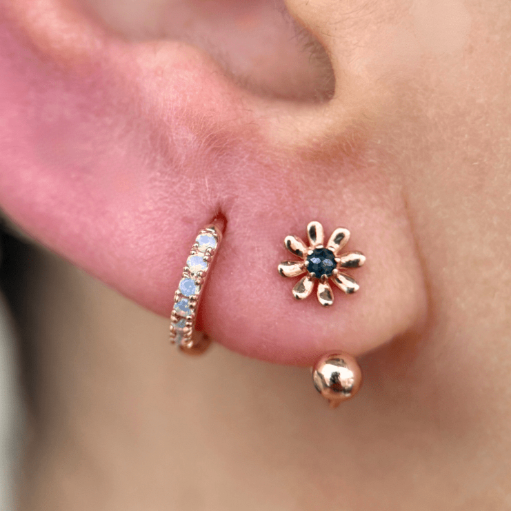 14k Rose Gold Reversible Huggie Hoop Earrings - Blue Diamond Flower & Ball Design | Perfect for Everyday Wear, Date Nights & Special Occasions