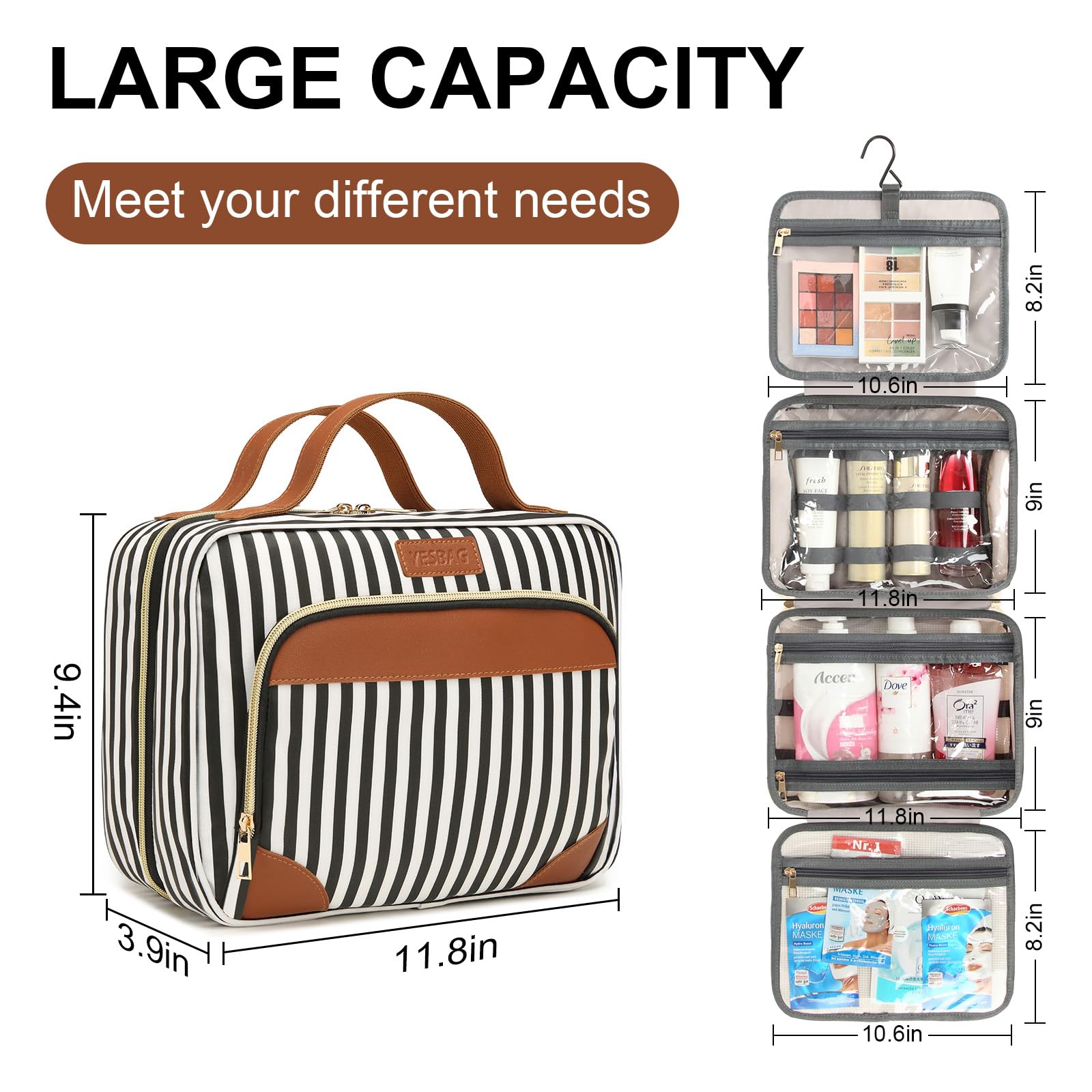 Hanging Toiletry Bag for Women - Travel Cosmetic Organizer with Multiple Compartments & Hook for Jewelry, Shampoo, Full-size Containers - Perfect for Vacation, Business Trips & Gym Essentials (Black Striped)