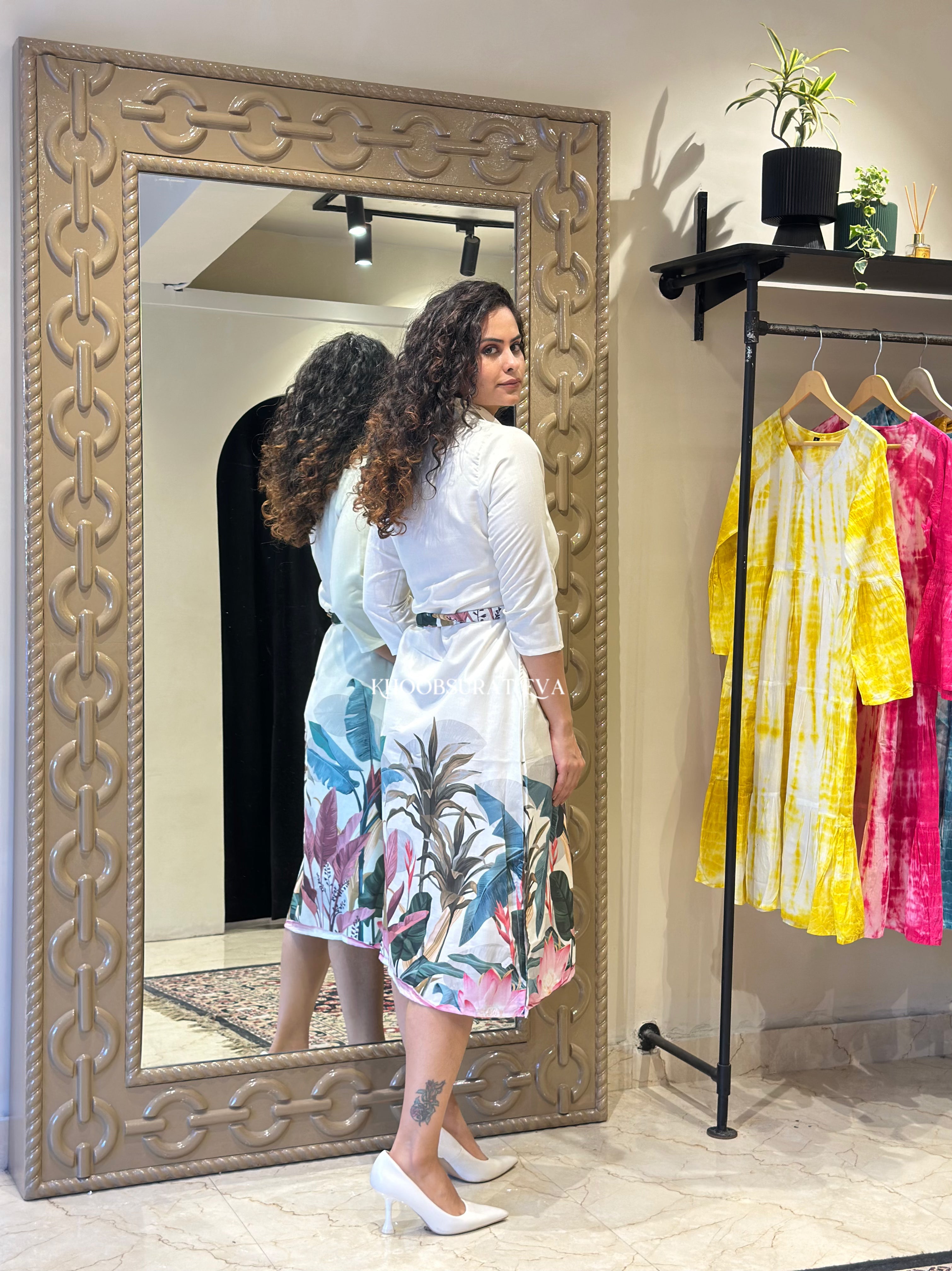 Elegant White Dress for Women - Flowy Bird Print Summer Dress for Outdoor Parties & Beach Vacations