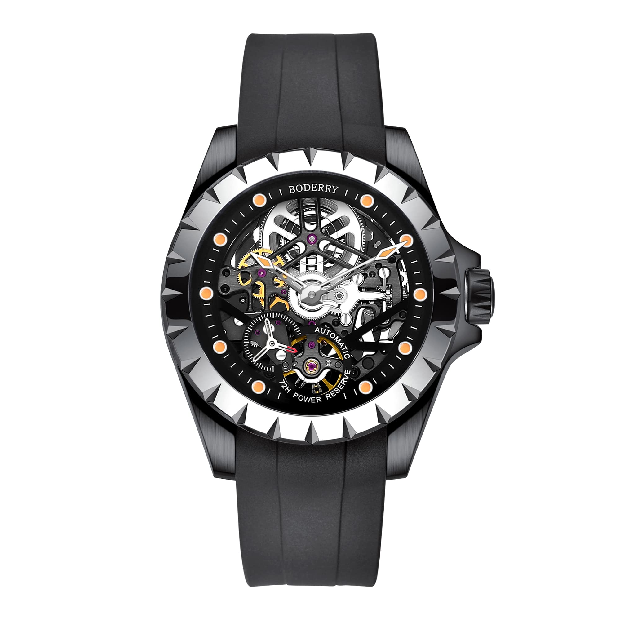 Boderry Original Men's Automatic Mechanical Watch - Stainless Steel Skeleton Dial, Waterproof, Self-Winding, Luminous Hands, 72H Power Reserve with Leather/Rubber Strap - Perfect for Business, Casual & Outdoor Activities