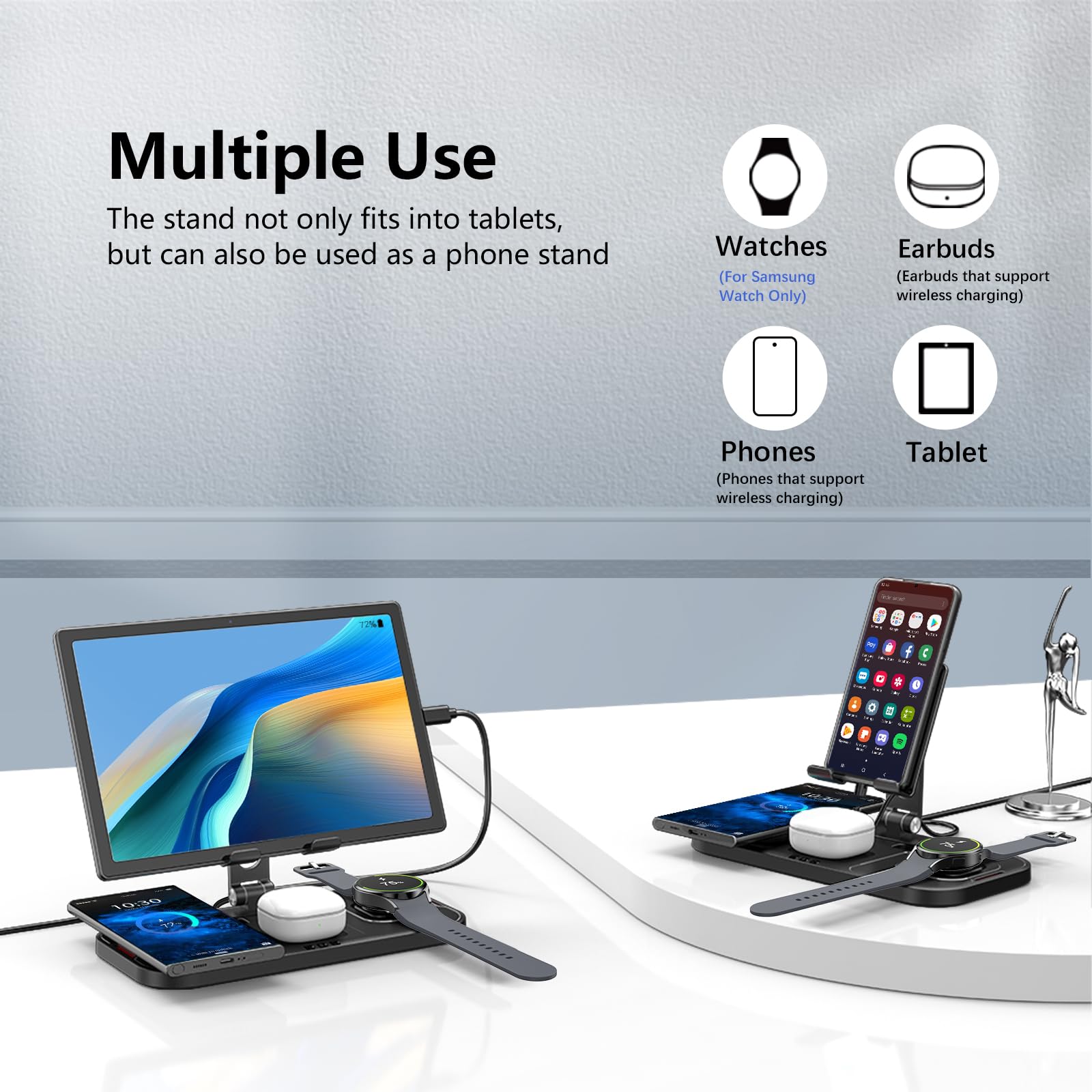 4-in-1 Wireless Charging Station for Samsung Galaxy S25 Ultra/S24/S23/S22/Note 20/Fold6/Flip6 - Fast Charger Stand for Galaxy Watch 7/6/5 Pro/4/3 & Buds - Foldable Multi-Device Charger for Android Phones & Tablets | Perfect for Home, Office & Travel