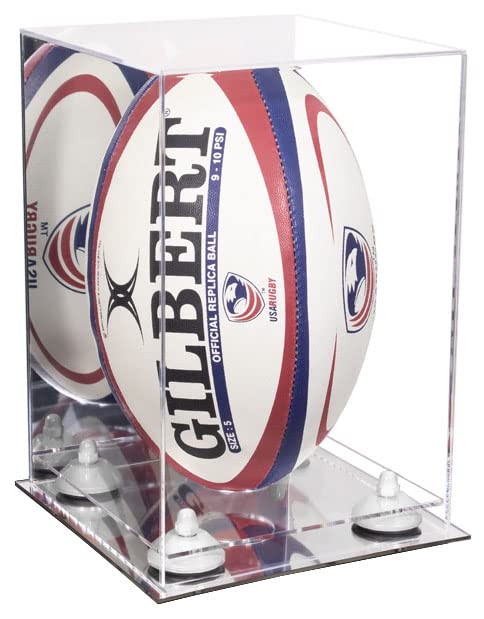Acrylic Rugby Ball Display Case with Mirror Base & White Risers - Vertical Showcase for Collectibles & Sports Memorabilia (B42/A060) - Perfect for Home Decor, Man Cave, or Sports Trophy Display