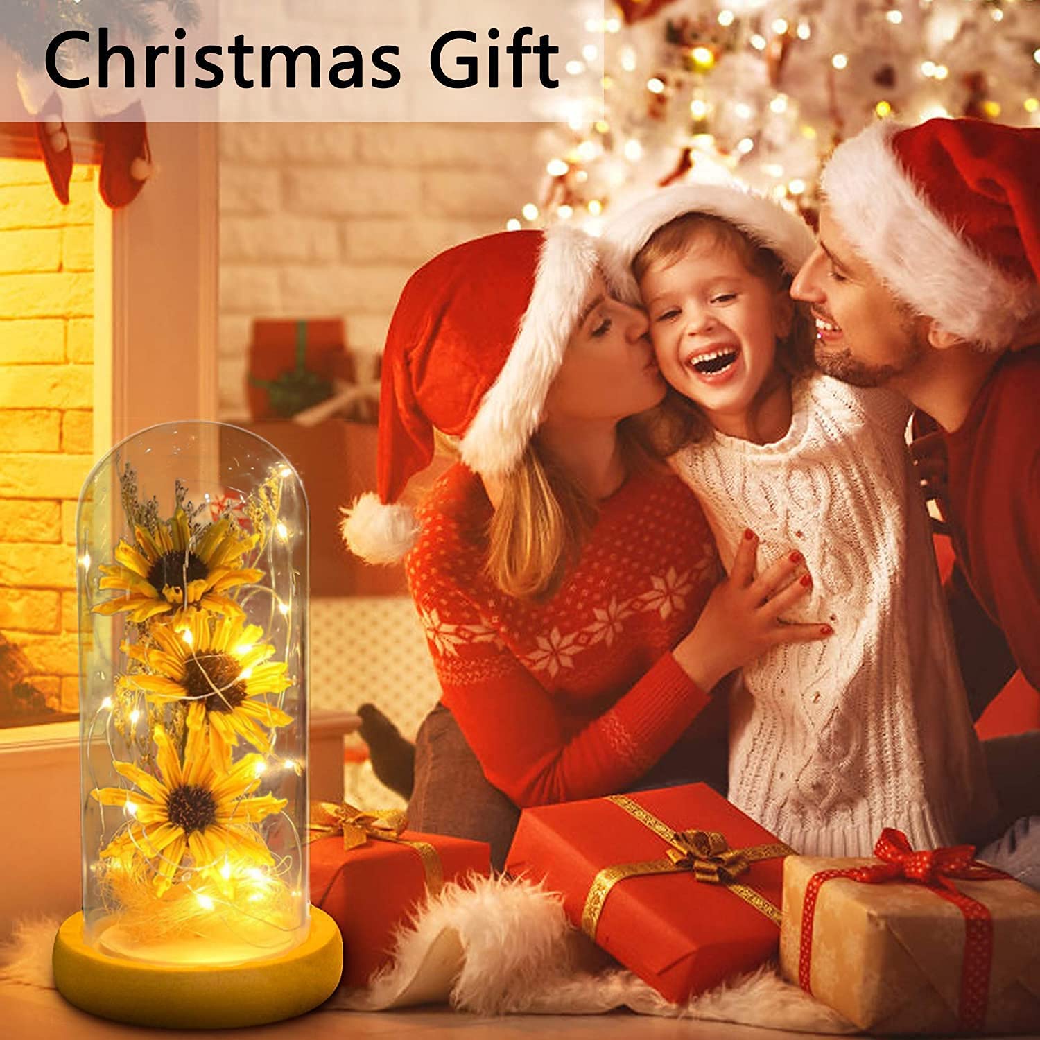 Artificial Sunflower in Glass Dome - Yellow LED Light Decoration for Home, Office, Wedding & Party | Unique Gift for Women, Christmas, Valentine's Day, Mother's Day, Anniversary & Birthday | Romantic Home Decor & Table Centerpiece