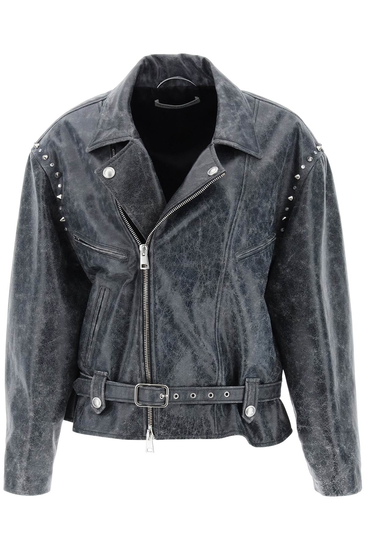 Alessandra Rich Oversized Leather Jacket with Studs & Crystals - Women's Fashion Statement Piece for Night Out & Street Style
