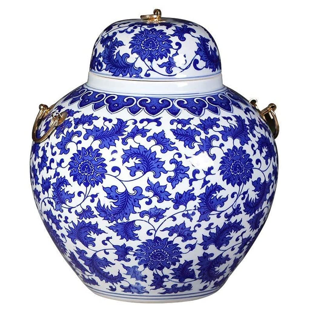 Blue and White Porcelain Ginger Jar with Lid - Candy Jar, Vase for Home Decor, Coffee Table, Dining Room, Kitchen & Living Room - Perfect for Storing Treats, Flowers & Decorative Accents (Small Size)