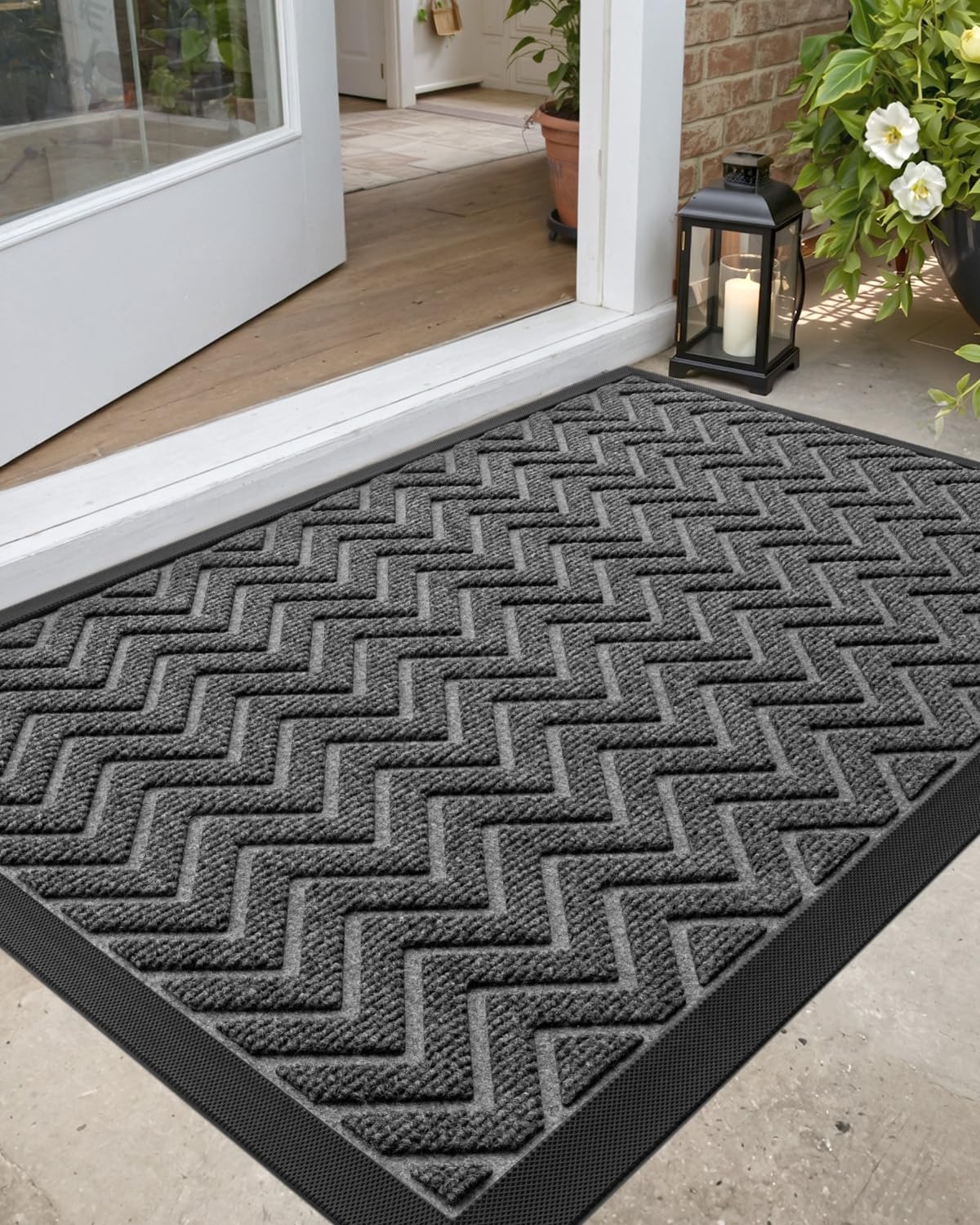 DEXI Heavy Duty Rubber Backed Doormat for Front Door - 17x29 Inch Non-Slip Entrance Mat, Stain & Fade Resistant, Easy Clean Low Profile Chevron Design in Dark Grey - Perfect for Home, Office, and Outdoor Entryway Protection