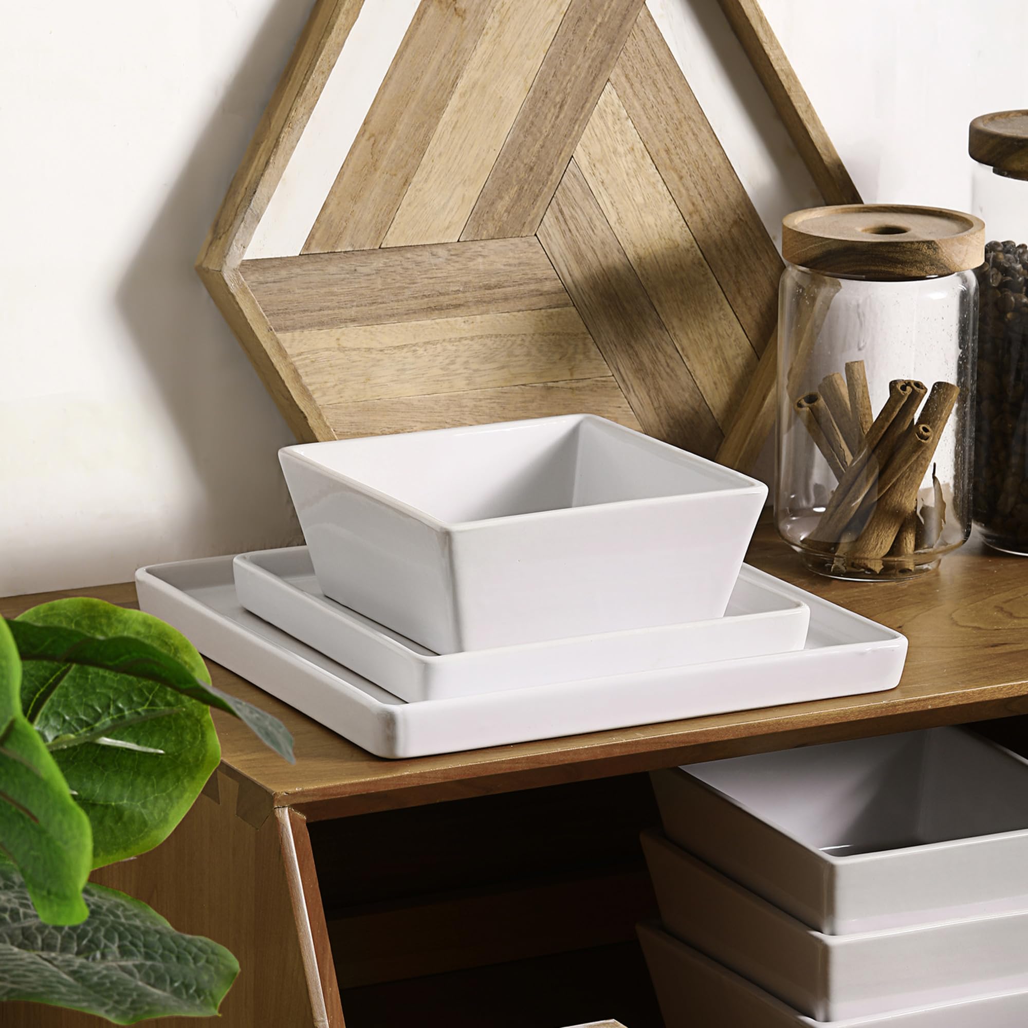 Premium 12-Piece Stoneware Dinnerware Set for 4 - White Square Plates & Bowls - Durable Stone Lain Grace Collection - Perfect for Everyday Dining, Dinner Parties & Restaurant Use