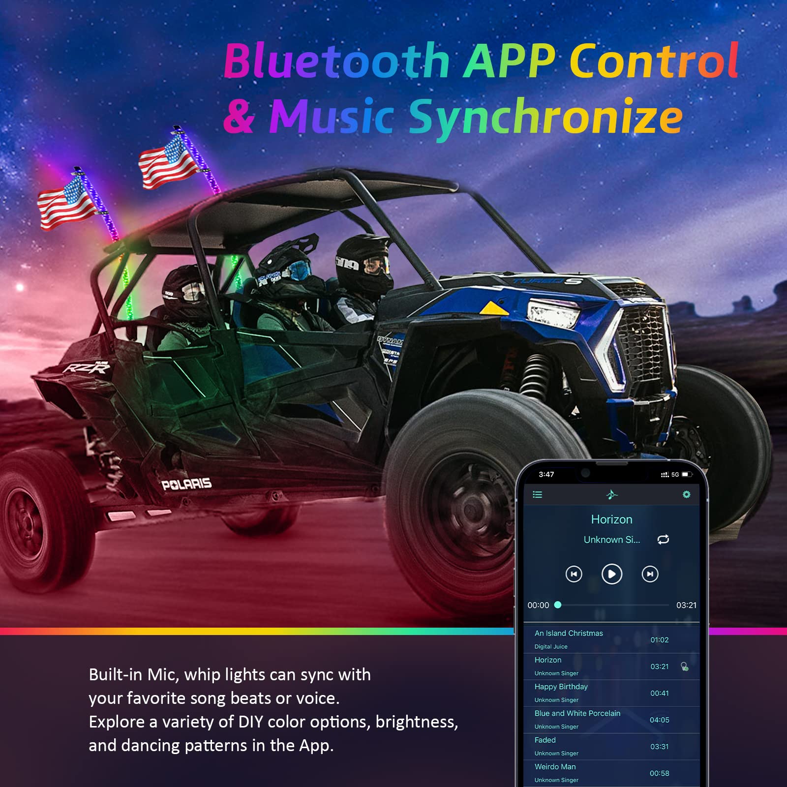 2 Pack 2FT LED Whip Lights with Spring Base - RGB Spiral Chasing Lights with App & Remote Control, Rocker Switch - for UTV, ATV, Polaris RZR, Can-Am SXS, Trucks - Perfect for Off-Roading, Night Rides & Car Shows