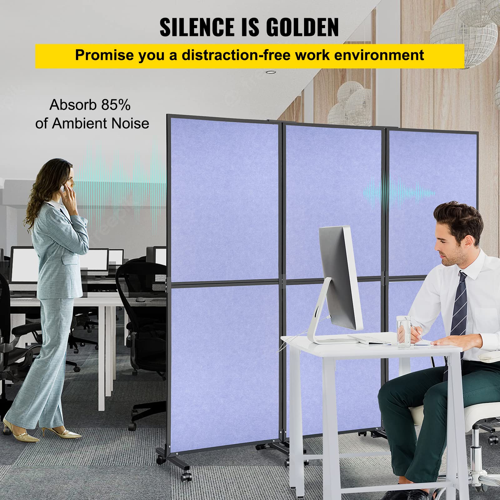 VEVOR 5.5 ft Folding Room Divider Privacy Screen - 3 Panel Portable Partition for Office, Home & School - Steel Blue Acoustic Room Separator | Perfect for Workspace Privacy, Classroom Dividers & Library Study Areas