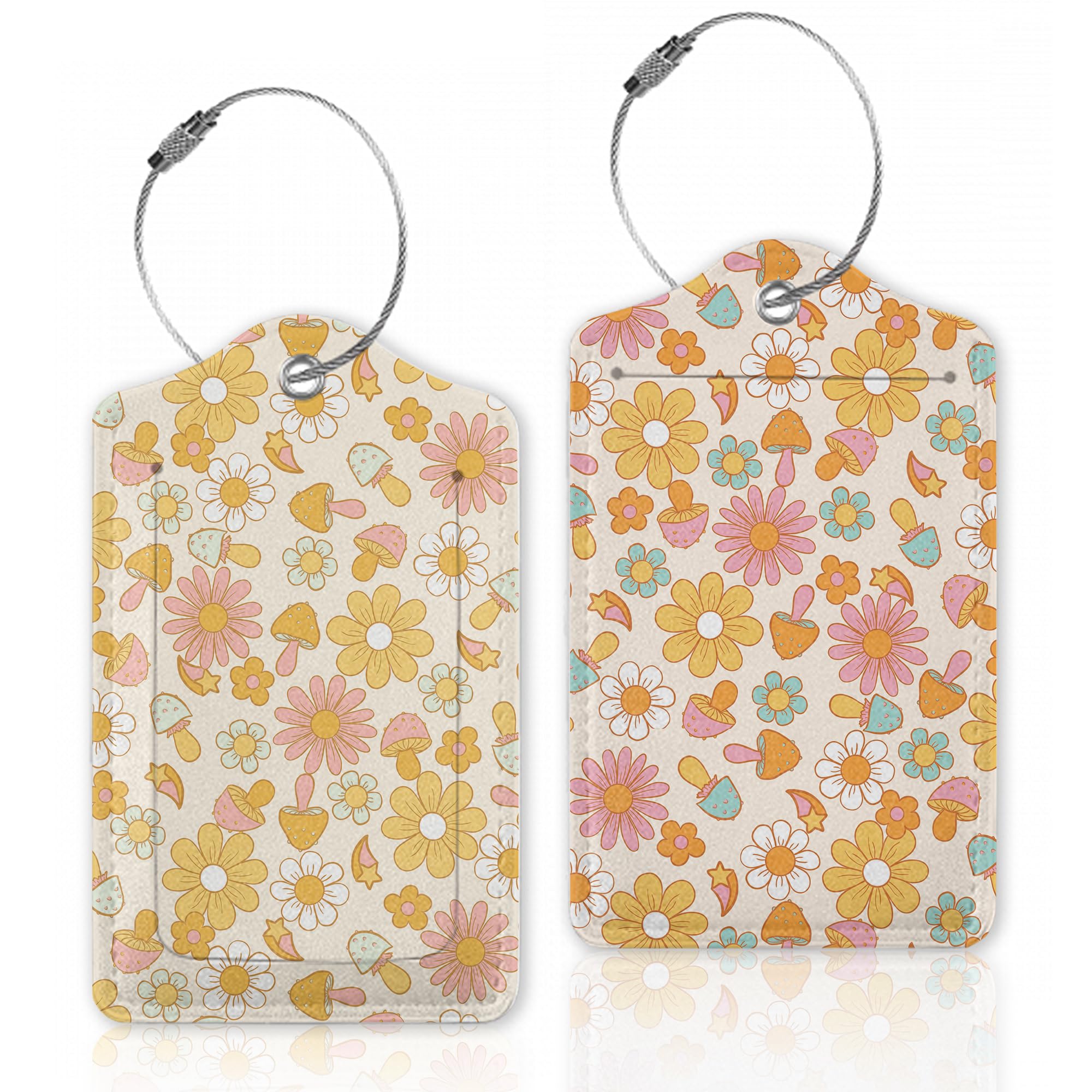 2 Pcs Vintage Floral Mushroom Leather Luggage Tags - Retro Groovy Suitcase Identifiers for Travel, Privacy Protection Baggage Labels for Women & Men - Perfect for Airports, Hotels & Cruise Vacations