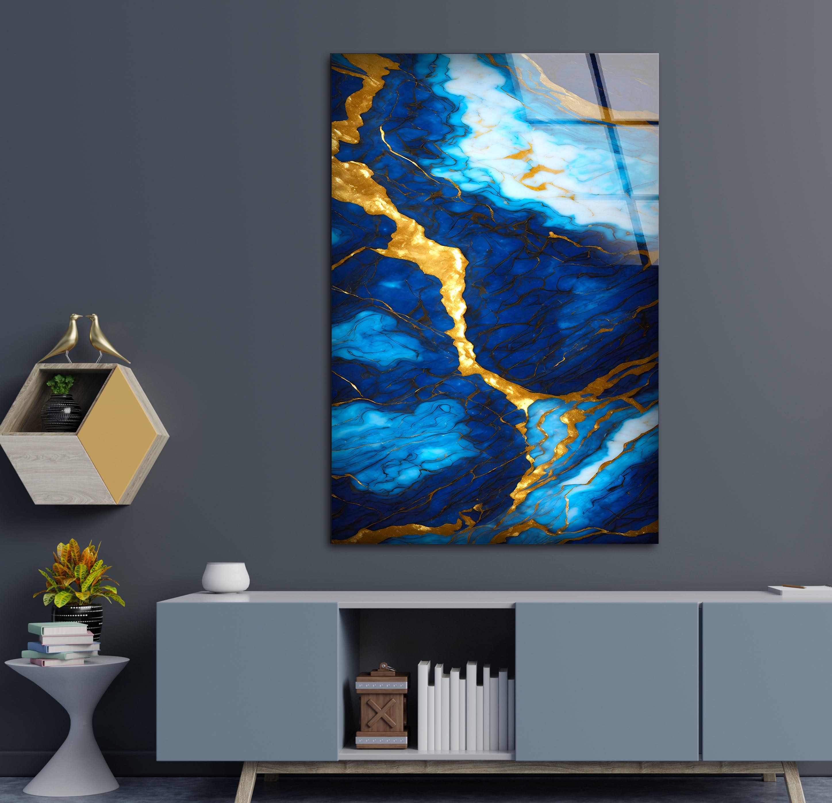 Blue and Gold Marble Wall Art - Elegant Glass Print with Rich Veins & Deep Texture | Modern Luxury Home Decor for Living Room, Bedroom & Office