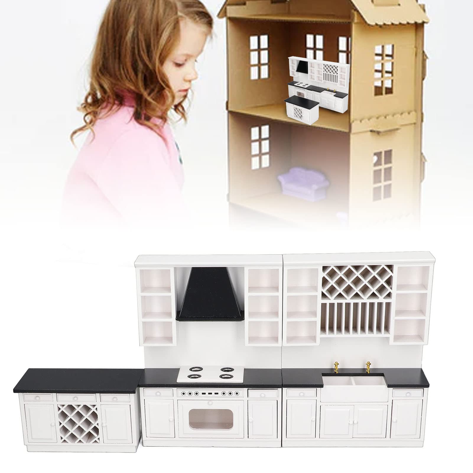 1:12 Scale Miniature Dollhouse Kitchen Set - Wooden White Cabinet & Dining Room Furniture for DIY Dollhouse Decor | Perfect for Collectors, Model Homes & Miniature Displays