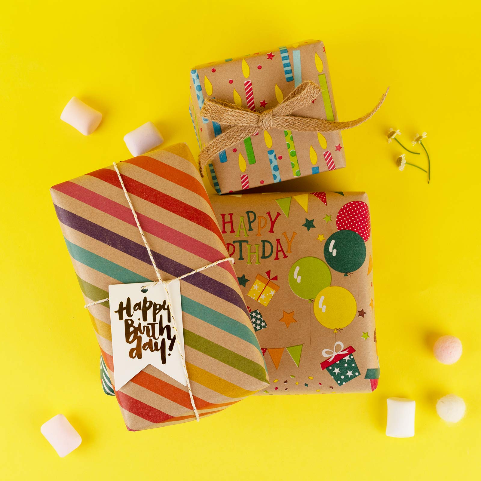 Colorful Kraft Wrapping Paper for Birthdays - 4 Rolls (30