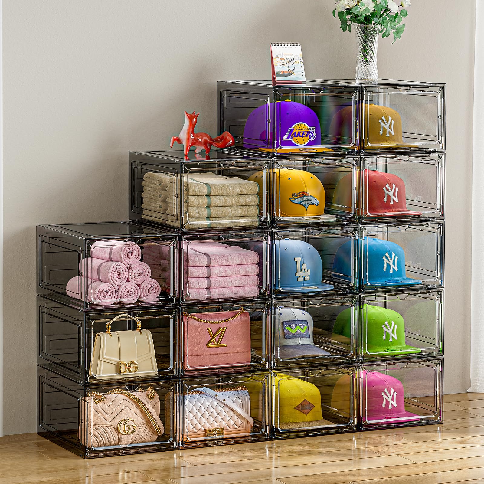 6-Pack Clear Plastic Hat Organizer Box for Baseball Caps & Snapbacks - Magnetic Door Storage Case Holds 8 Hats Each - Closet Hat Rack & Display Solution for Home, Office, or Retail Store Organization