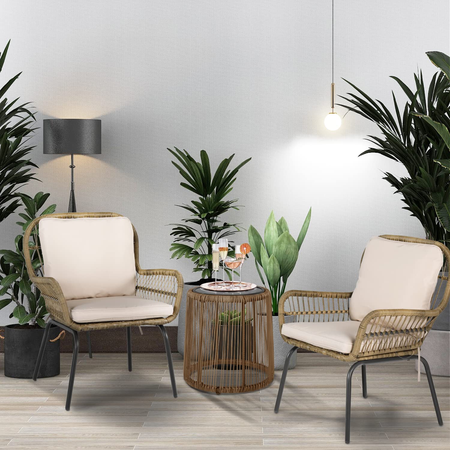 3-Piece Patio PE Rattan Conversation Chair Set with Waterproof Cushions & Coffee Table - Outdoor Bistro Furniture for Garden, Backyard, Porch - Beige - Perfect for Relaxing, Entertaining Guests & Outdoor Dining