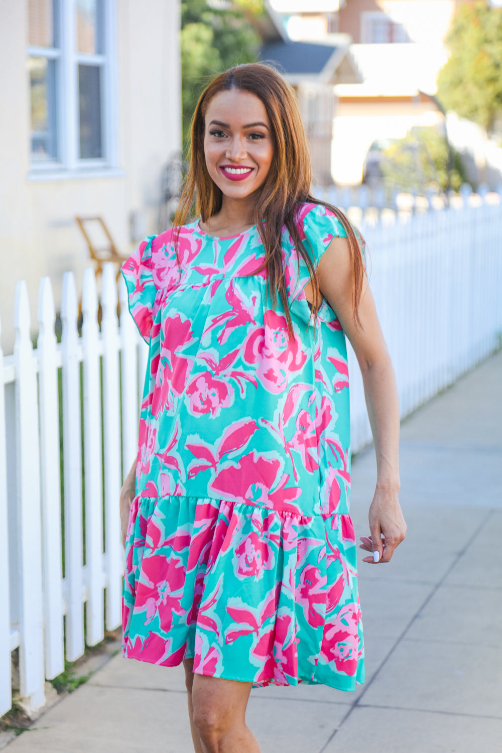 Diva Dreaming Aqua Floral Print Tiered Ruffle Sleeve Dress for Women - Elegant Summer Party Dress for Weddings, Garden Parties & Date Nights