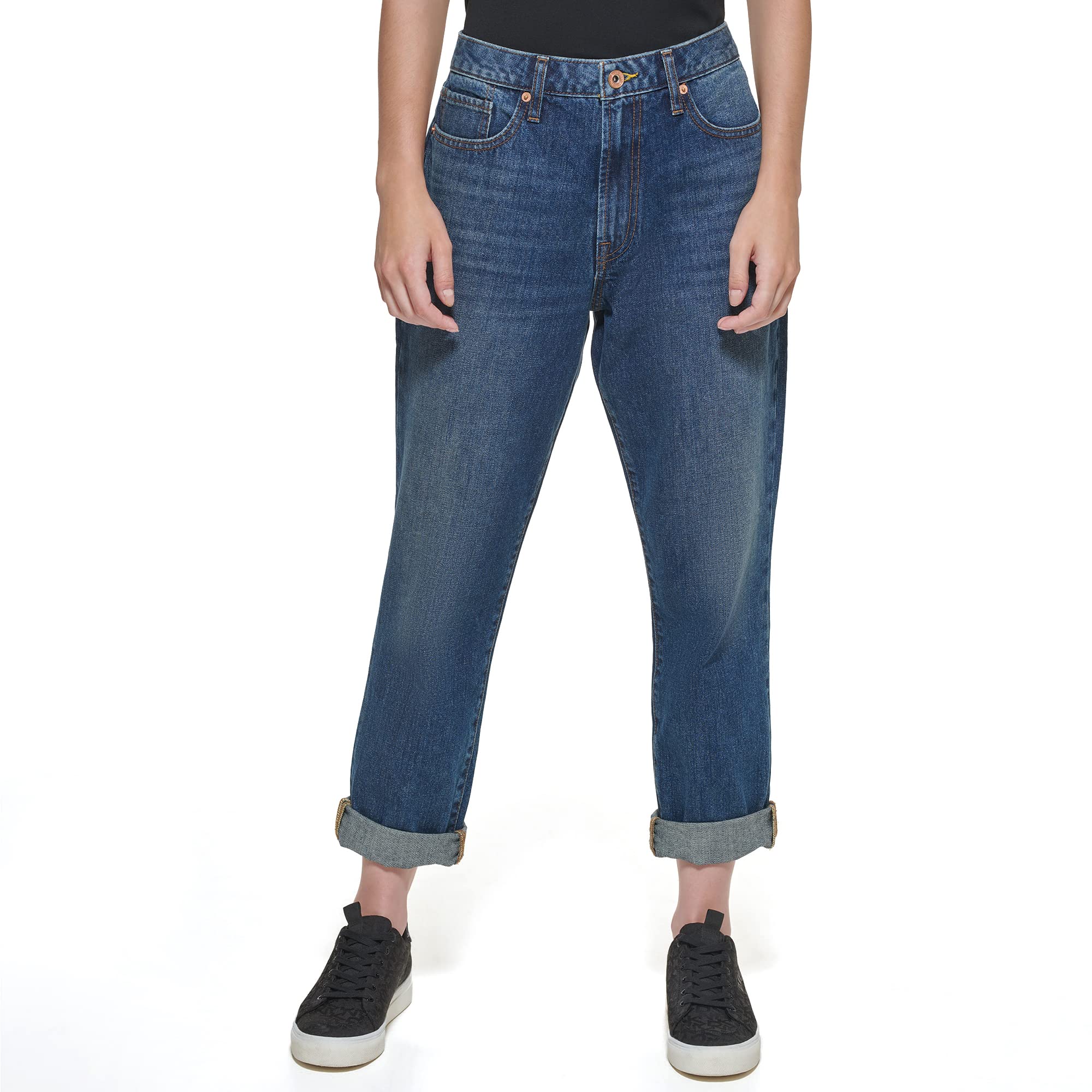 DKNY Women's Cuffed Boyfriend Straight Jeans - High Waist Stretch Denim Pants for Casual Wear & Everyday Outfits