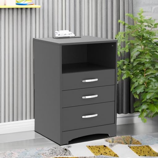 Black Nightstand with 3 Drawers & Charging Station - Bedside Table for Bedroom Storage & Organization
