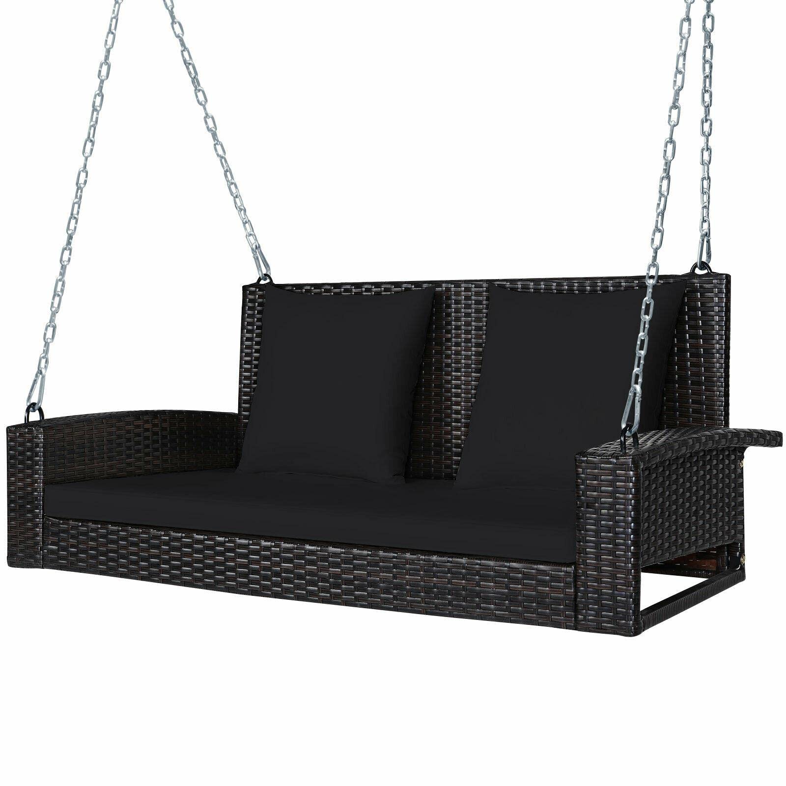 Black Rattan Hanging Swing Chair for 2 Persons - Outdoor Patio Porch Hammock Bench with Cushion | Perfect for Backyard Relaxation, Garden Lounging & Porch Decor
