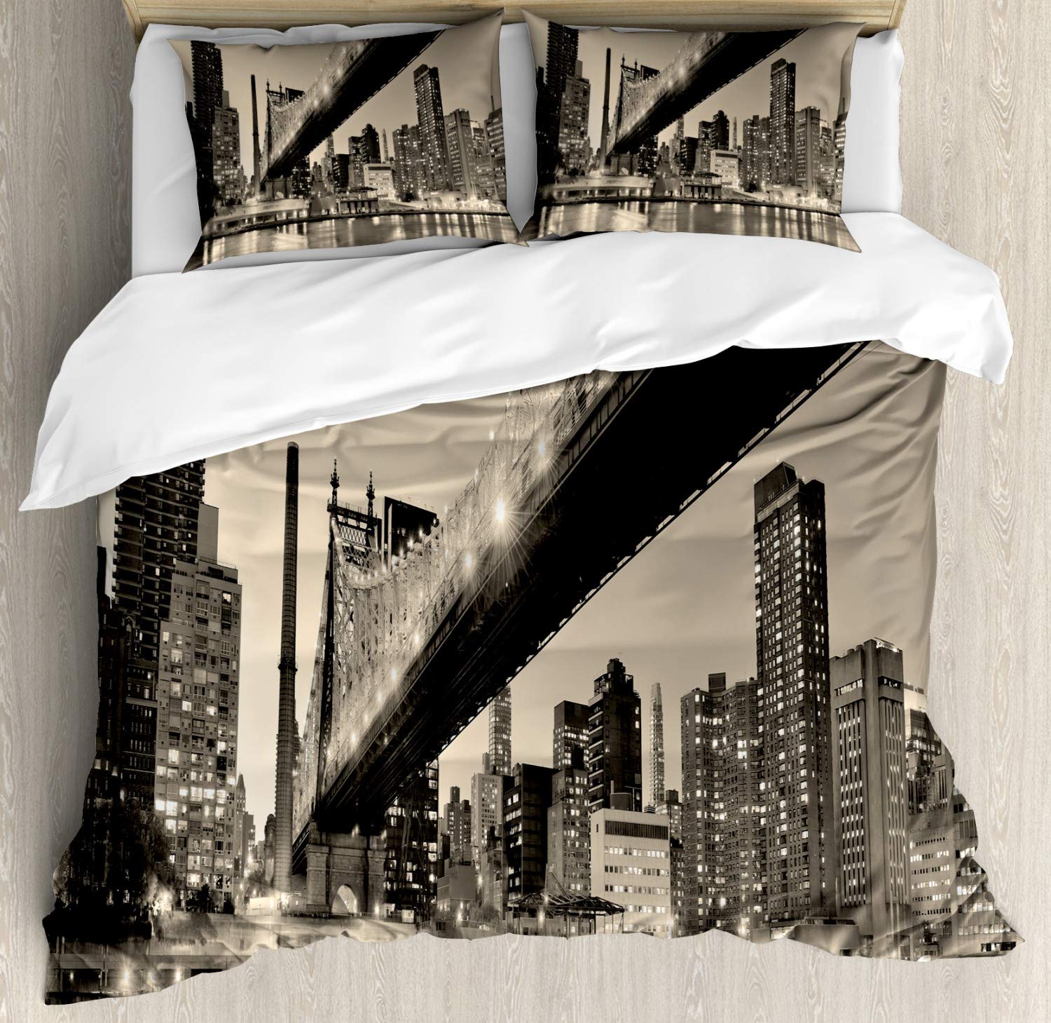 Ambesonne NYC Scene Duvet Cover Set - Vintage Style Queensboro Bridge Design, 3 Piece Bedding Set with 2 Pillow Shams, Queen Size Grey Mustard - Perfect for Urban Themed Bedrooms & Apartment Decor