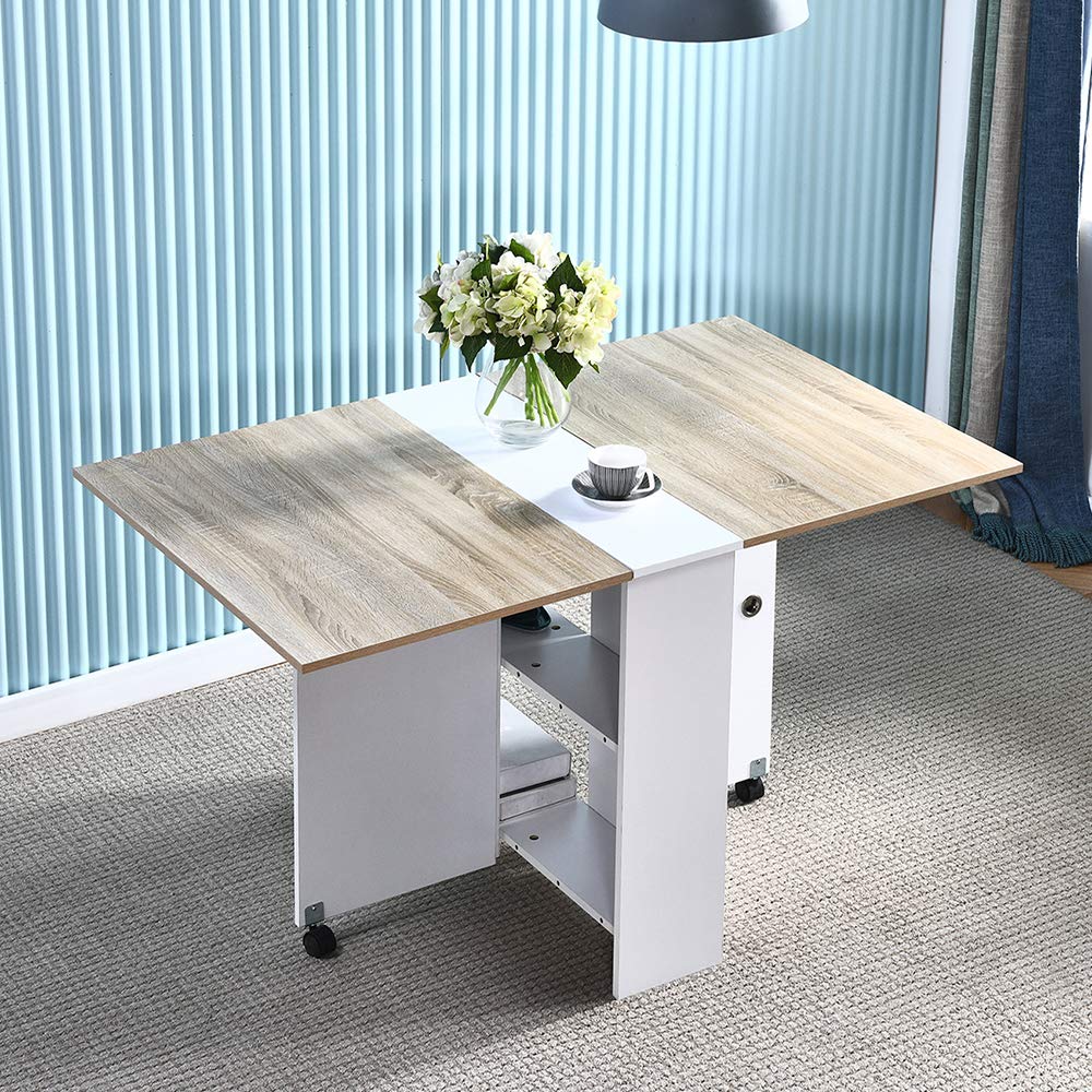 Foldable Kitchen Table with Drop Leaf & Wheels - Extendable Dining Table for Small Spaces, Modern Wooden Folding Table with Storage Shelves (Seats 2-6, Walnut) - Perfect for Apartments, Dorms & Compact Homes