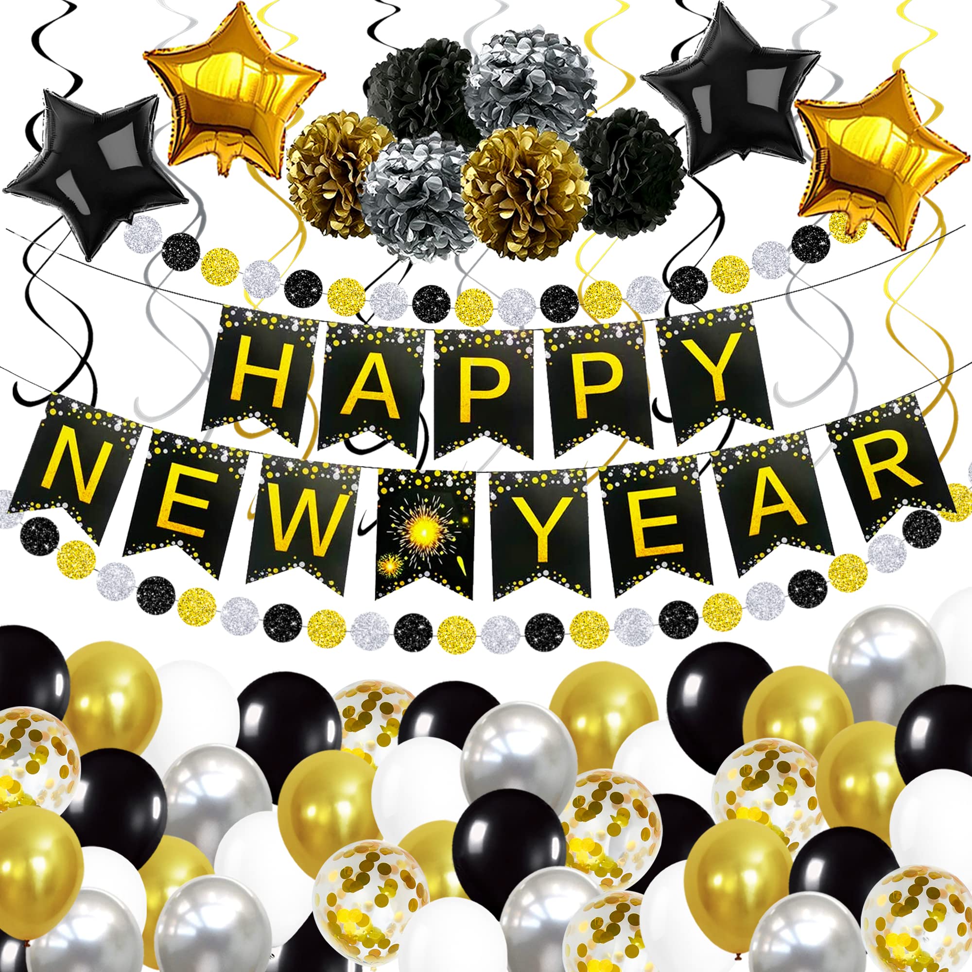 KatchOn 2025 New Year's Eve Party Decorations Kit - 70-Piece Set with Banner, Hanging Swirls & Pom Poms | NYE 2025 Party Supplies for Home, Office & Ballroom Celebrations | Perfect for Countdown Parties & New Year Decor