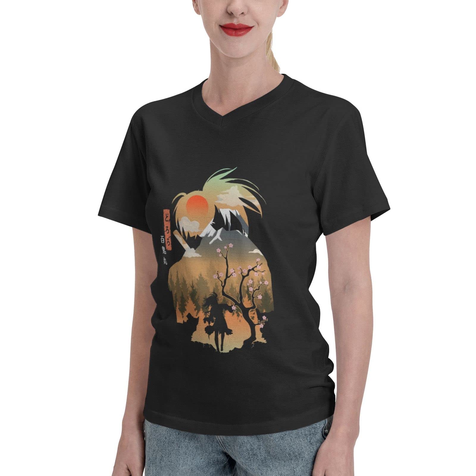 GuyDHale Anime Manga Dororo Short Sleeve V-Neck T-Shirt for Women - Soft Comfortable Casual Tee - Perfect for Cosplay, Anime Conventions & Everyday Wear